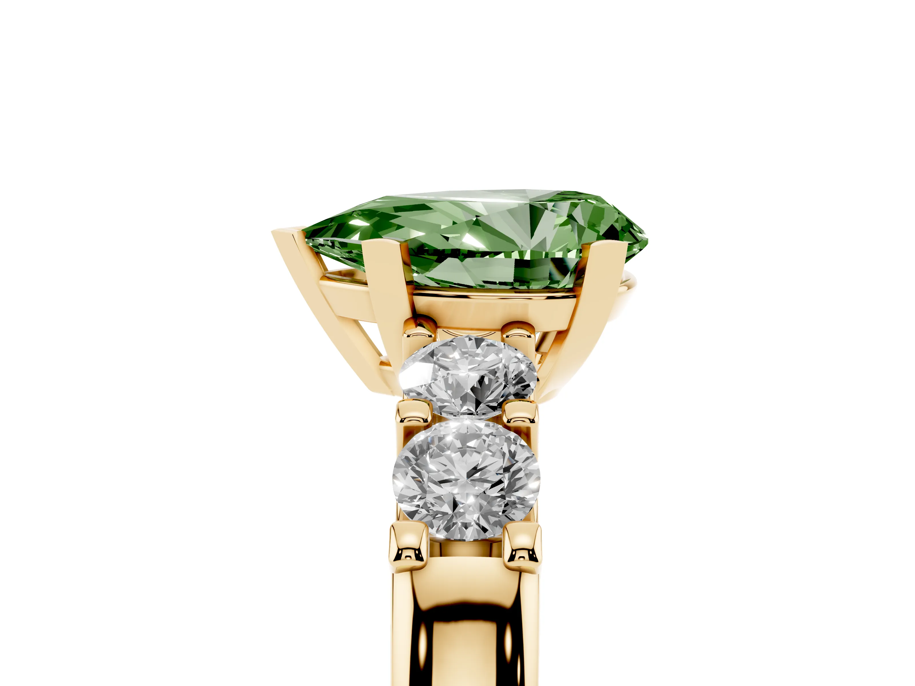 Fancy Green Pear Cut Diamond Five-Stone Prong Set Engagement Ring Set in Yellow gold with Channel Band