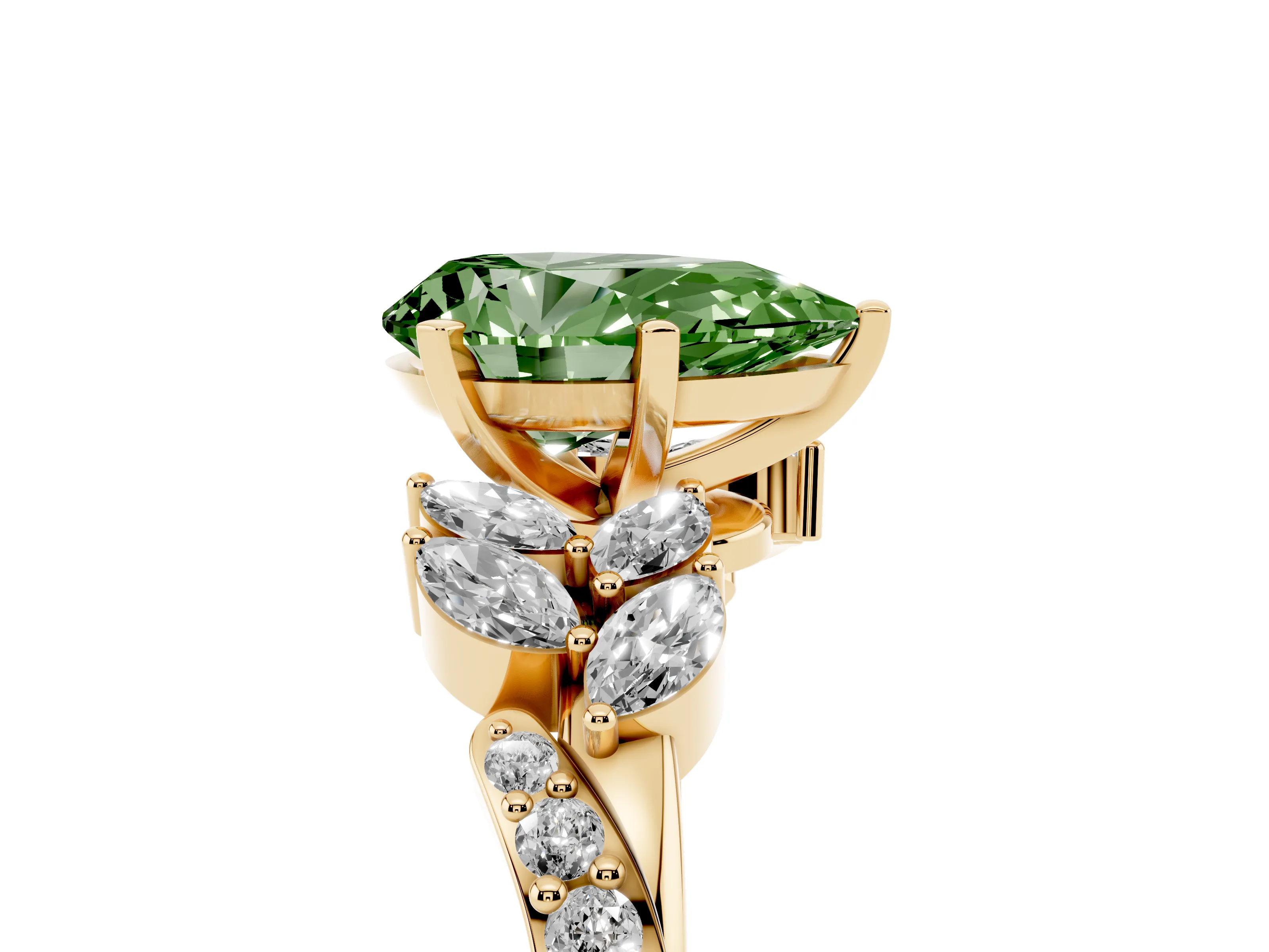Fancy Green Pear Cut Diamond Solitaire Ring Set in Yellow gold with Marquise Twist Band and Prong Setting