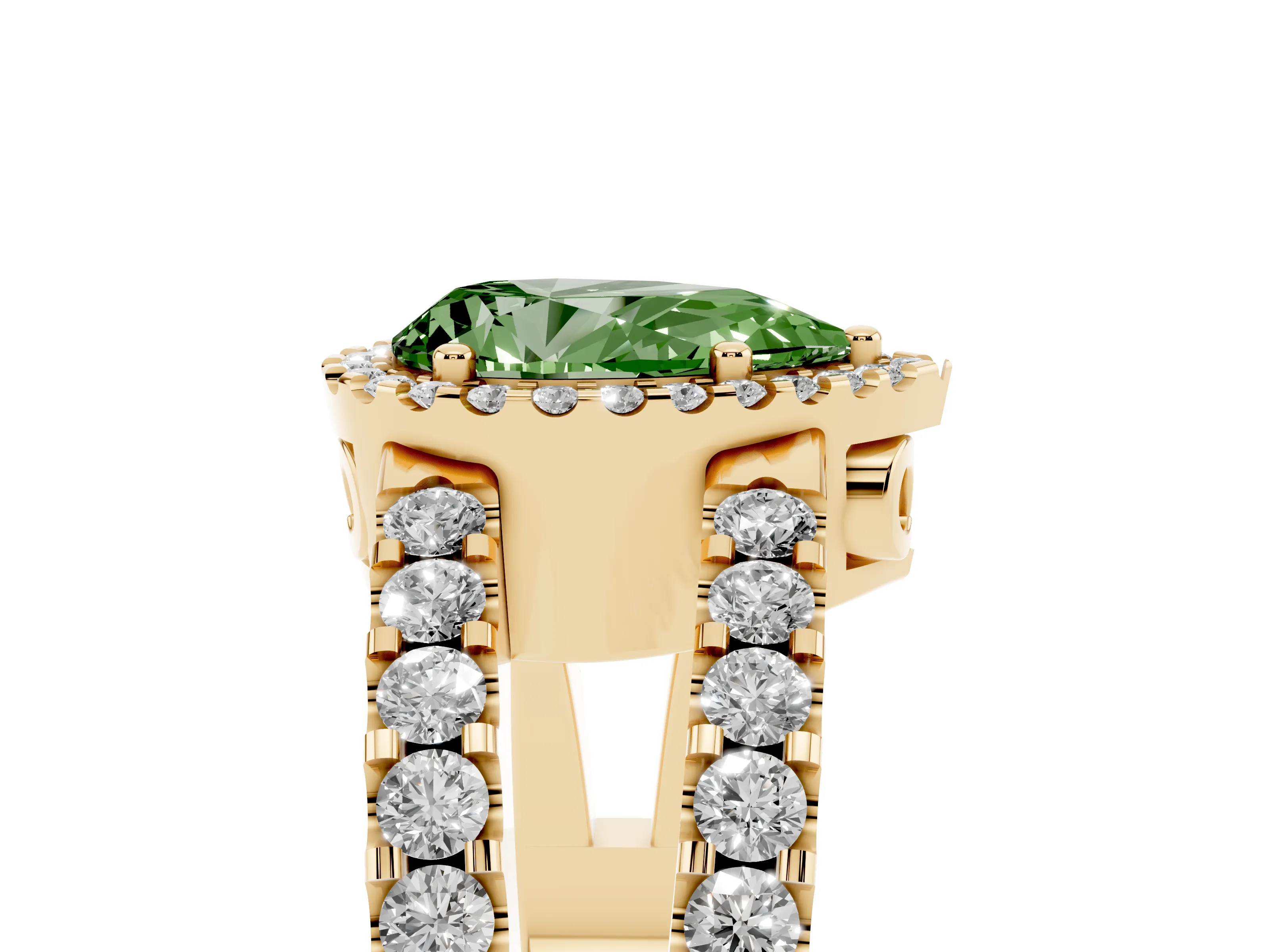 Fancy Green Pear Cut Diamond Halo Ring Set in Yellow gold with Pavé Split Shank and Prong Setting