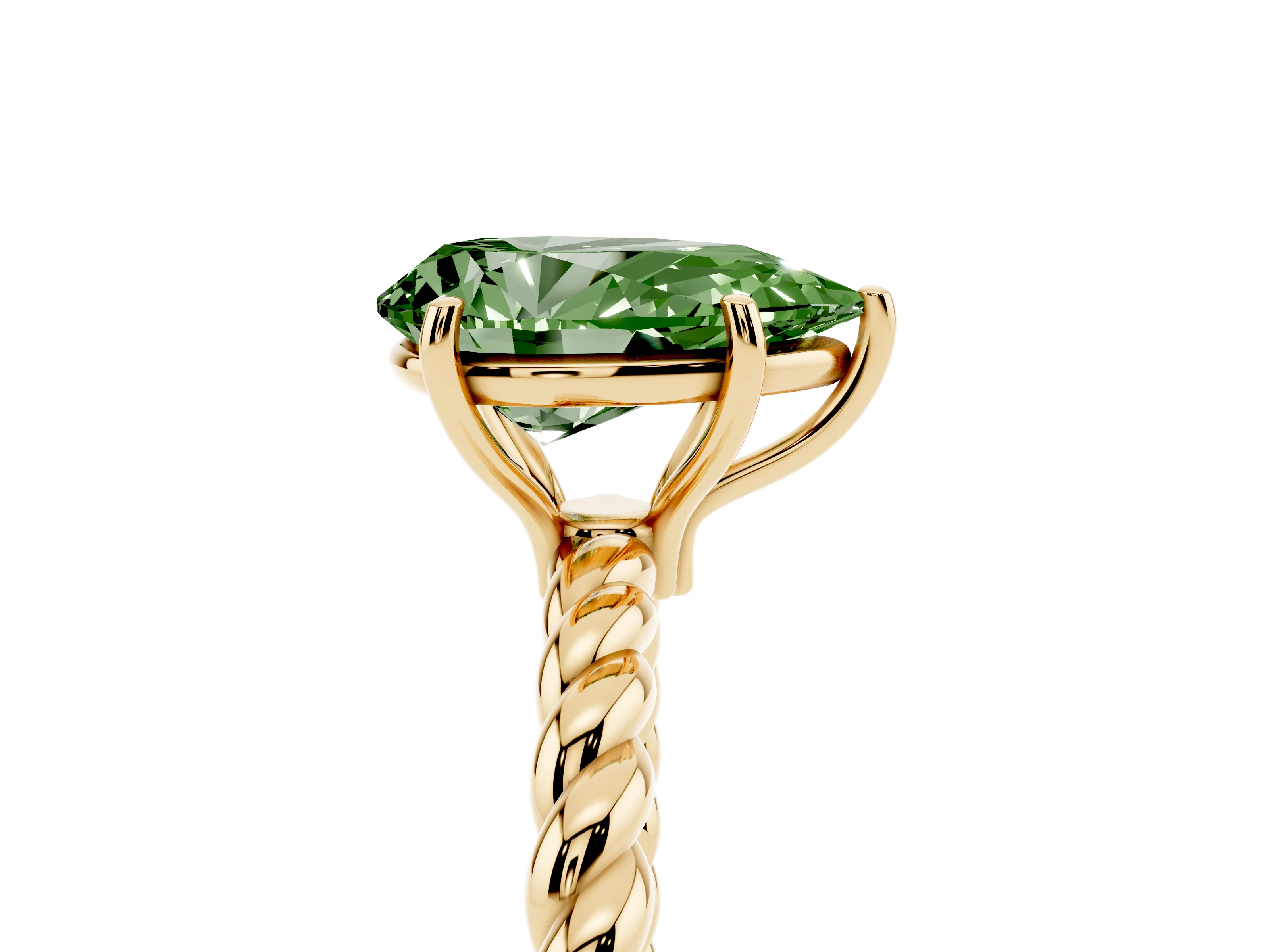 Fancy Green Pear Cut Diamond Solitaire Ring Set in Yellow gold with Twist Band and Prong Setting