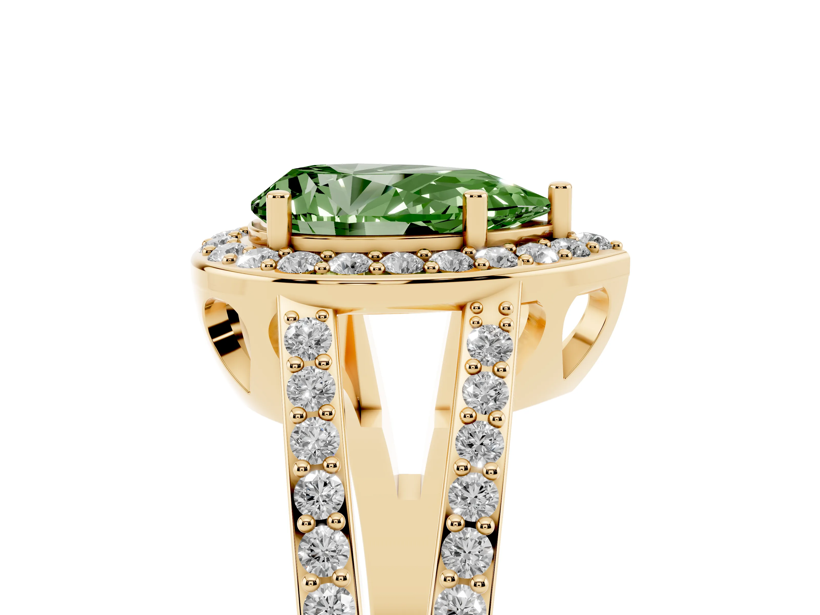 Fancy Green Pear Cut Diamond Halo Ring Set in Yellow gold with U-Prong Split Shank and Prong Setting