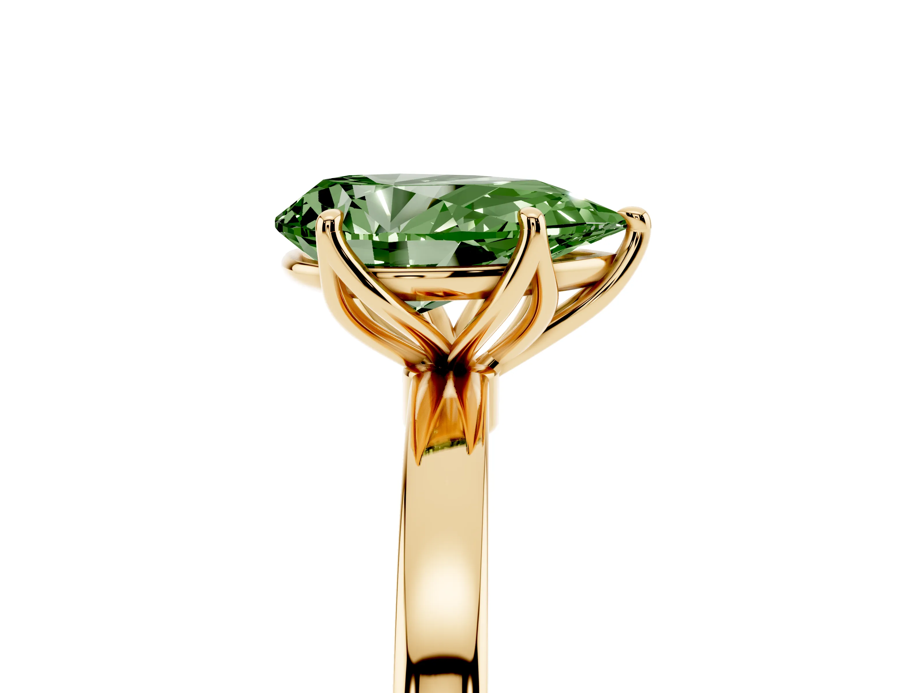 Fancy Green Pear Cut Diamond Solitaire Ring Set in Yellow gold with Prong Setting and Thin Polished Band