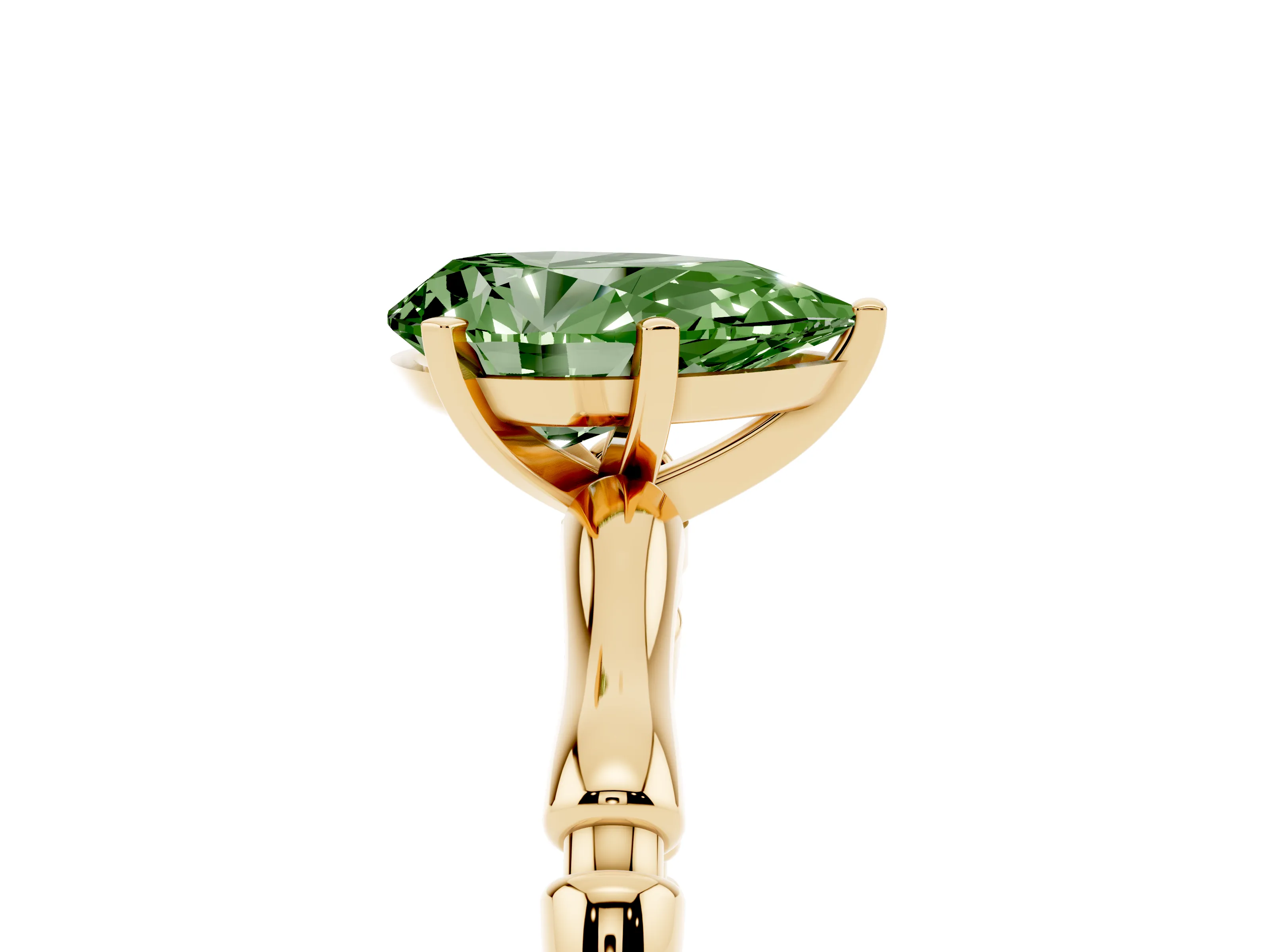 Fancy Green Pear Cut Diamond Solitaire Ring Set in Yellow gold with Bamboo Band and Prong Setting