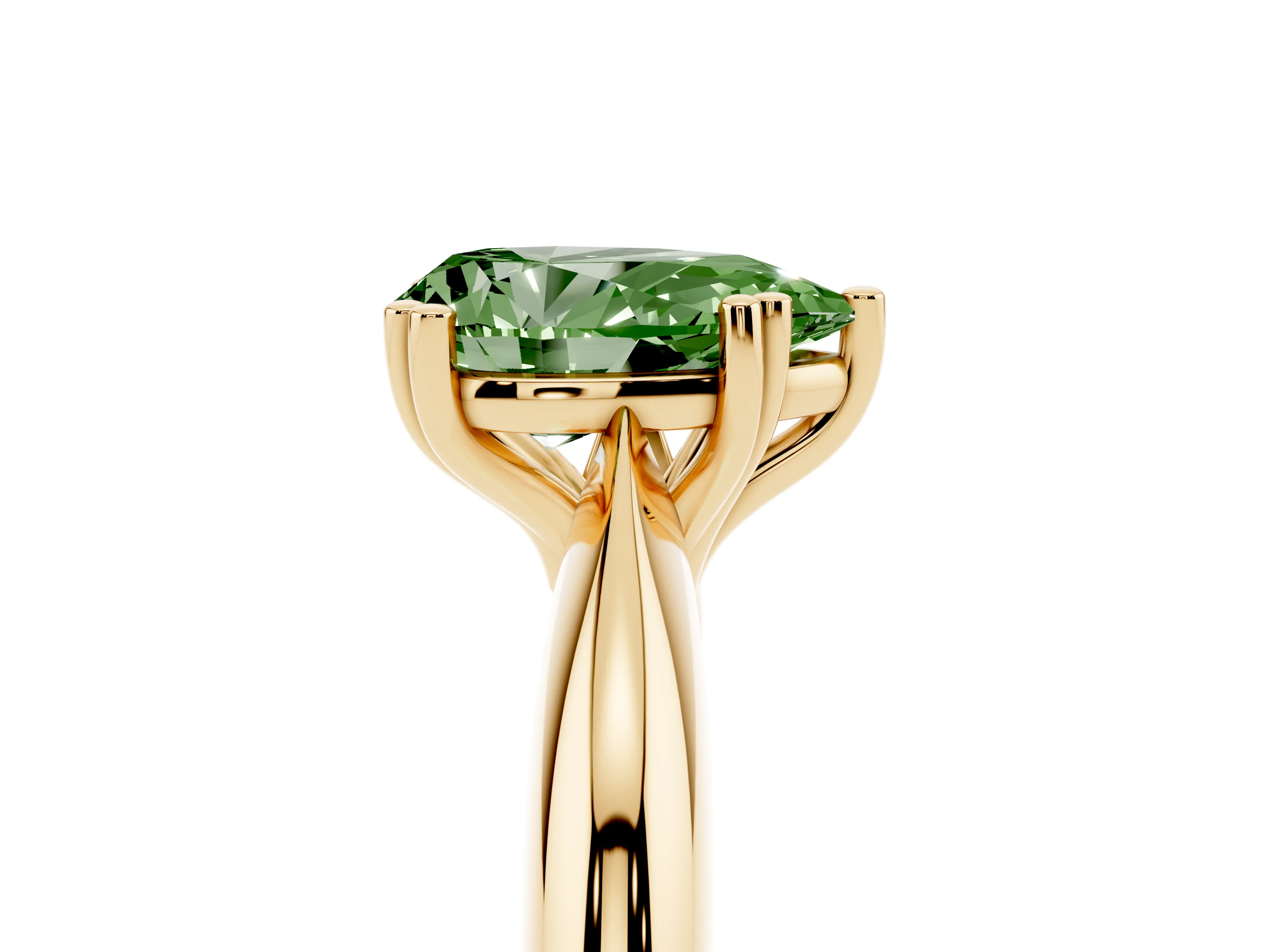 Fancy Green Pear Cut Diamond Solitaire Engagement Ring Set in Yellow gold with Tapered Band and Prong Setting