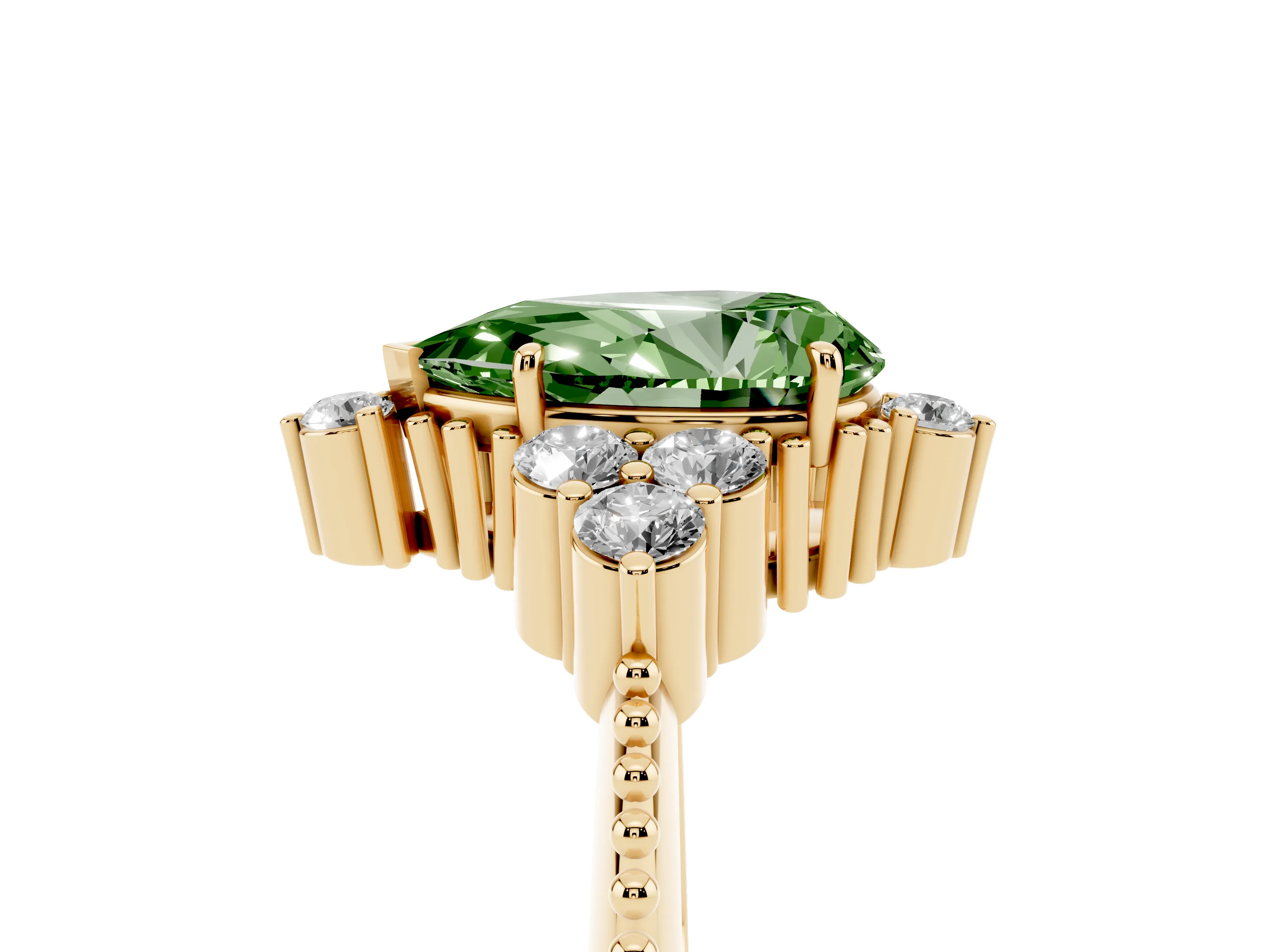 Fancy Green Pear Cut Diamond Cluster Ring Set in Yellow gold with Beaded Band