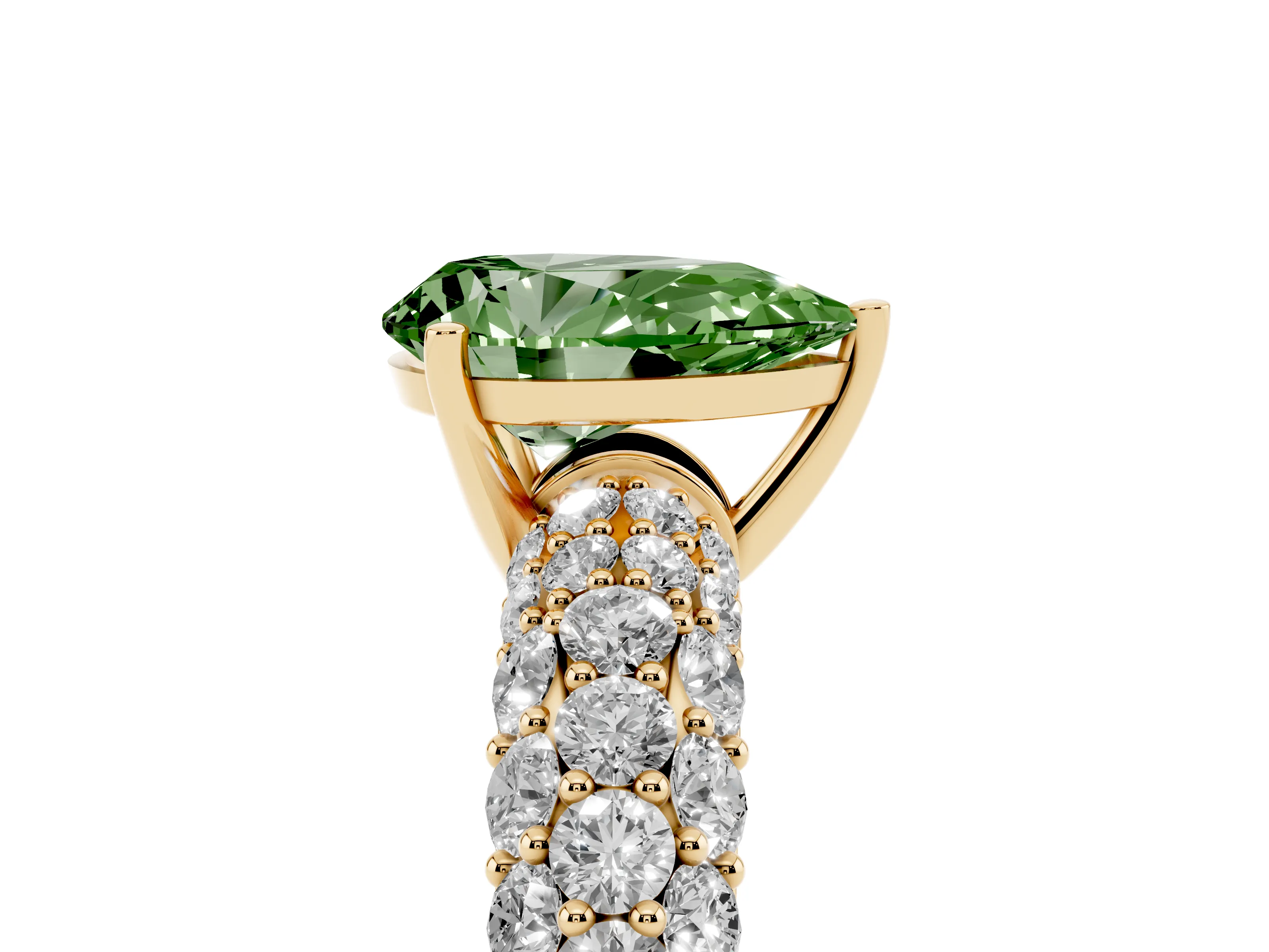 Fancy Green Pear Cut Diamond Pavé Band Solitaire Ring Set in Yellow gold with Close-Set Accent Stones and Prong Setting