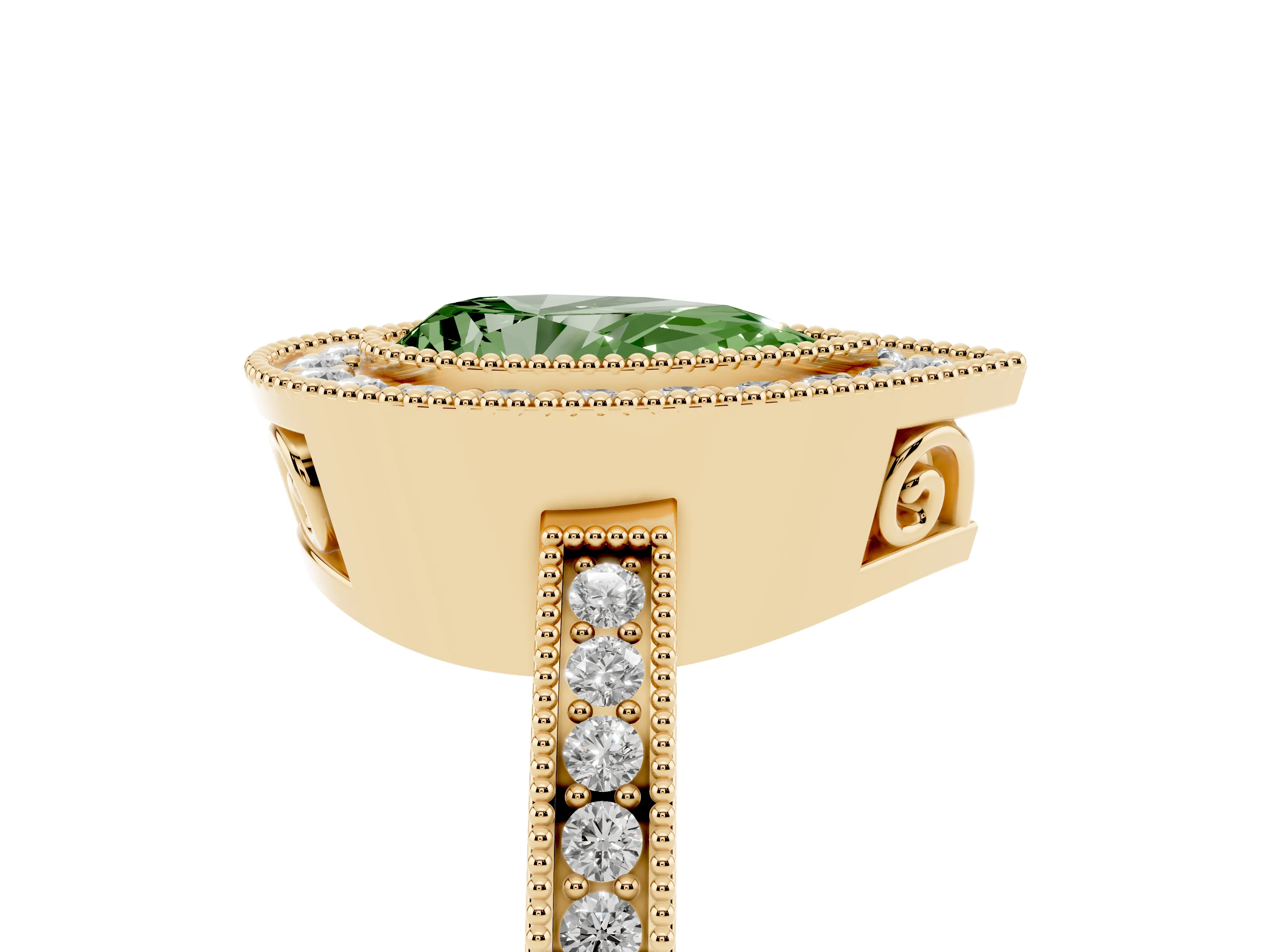 Fancy Green Pear Cut Diamond Halo Ring Set in Yellow gold with Pavé Band and Milgrain-Edged Prongs