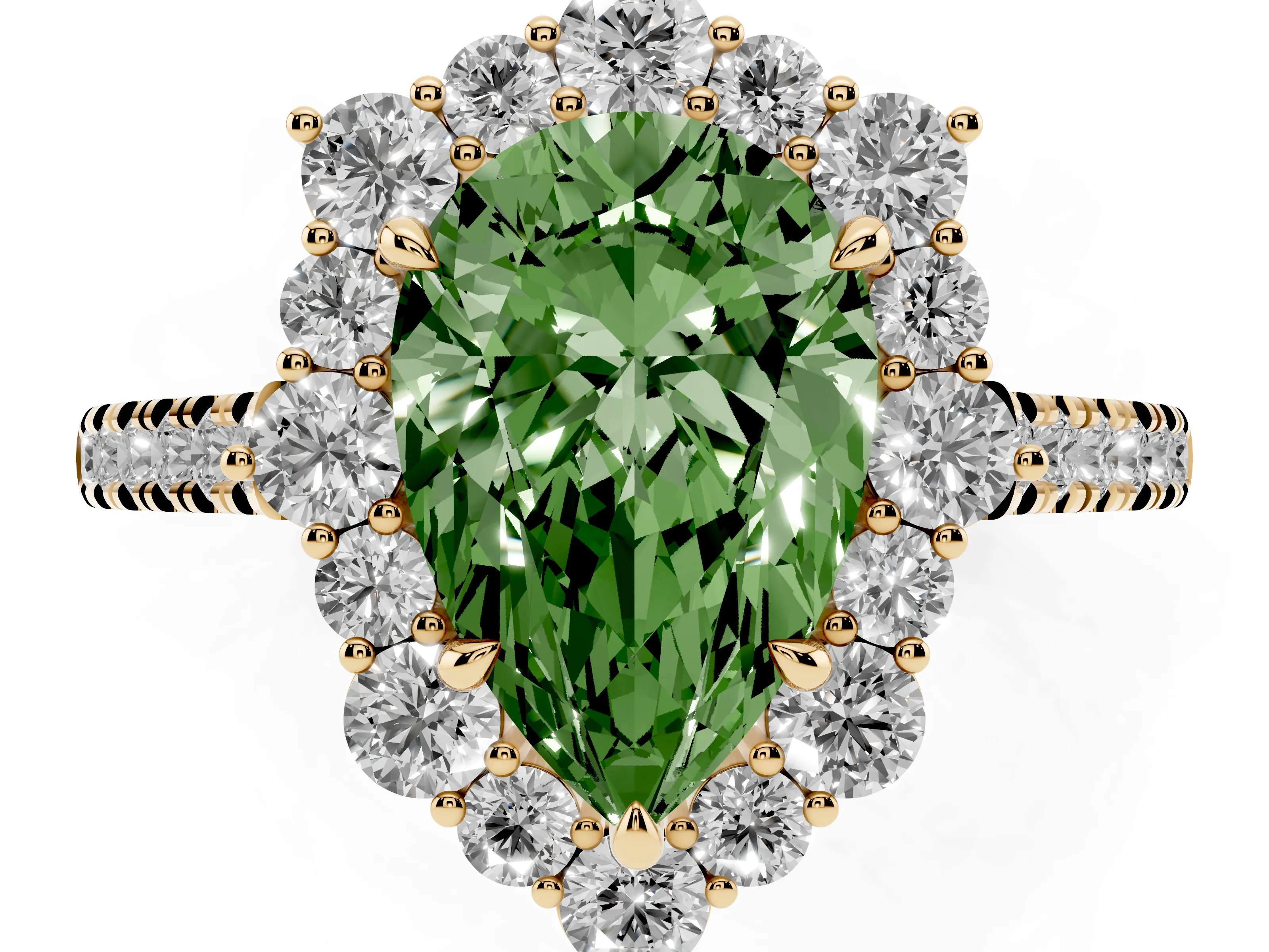 Fancy Green Pear Cut Diamond Halo Ring Set in Yellow gold with Pavé Band and Prong Setting