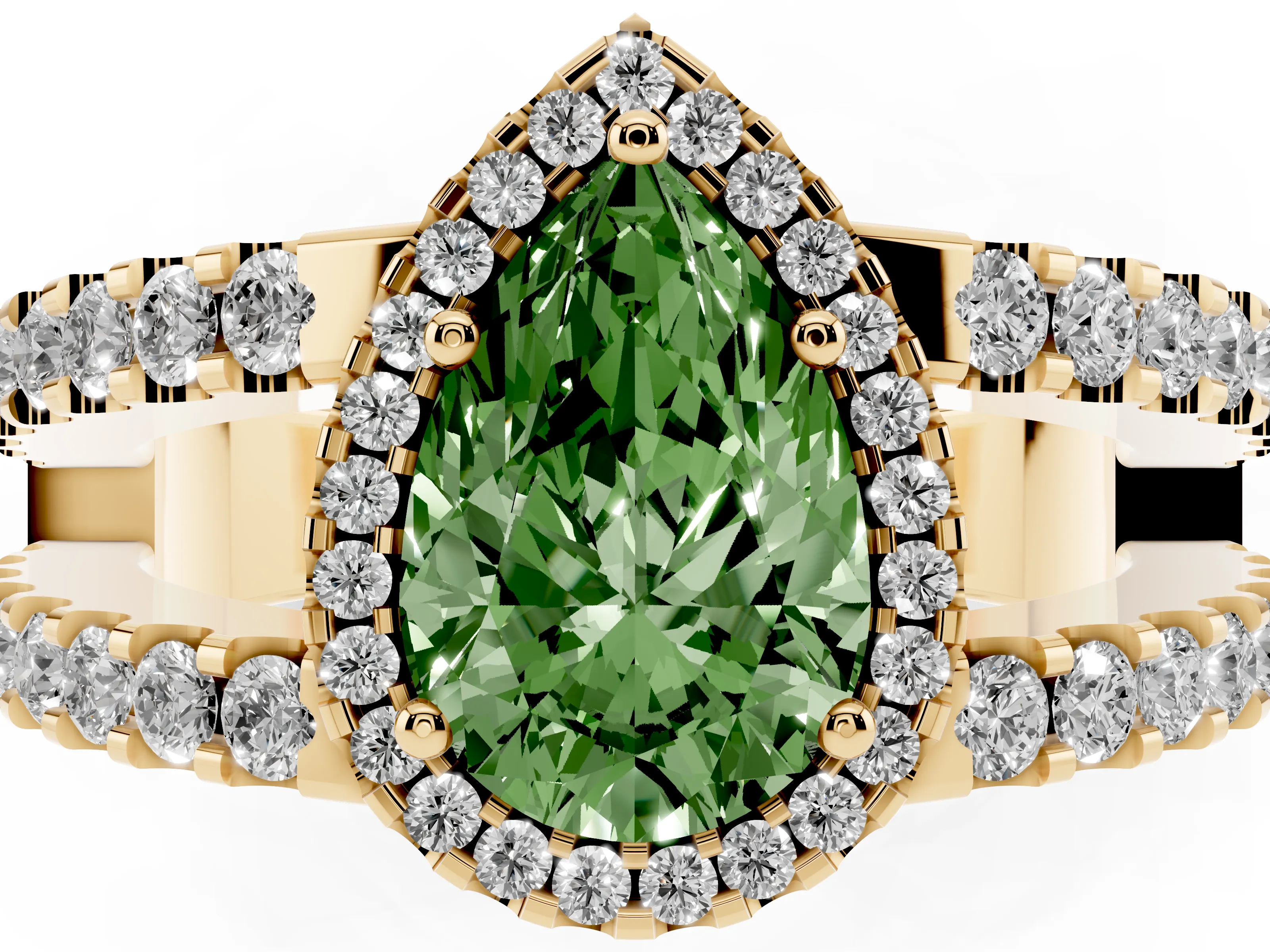 Fancy Green Pear Cut Diamond Halo Ring Set in Yellow gold with Pavé Split Shank and Prong Setting
