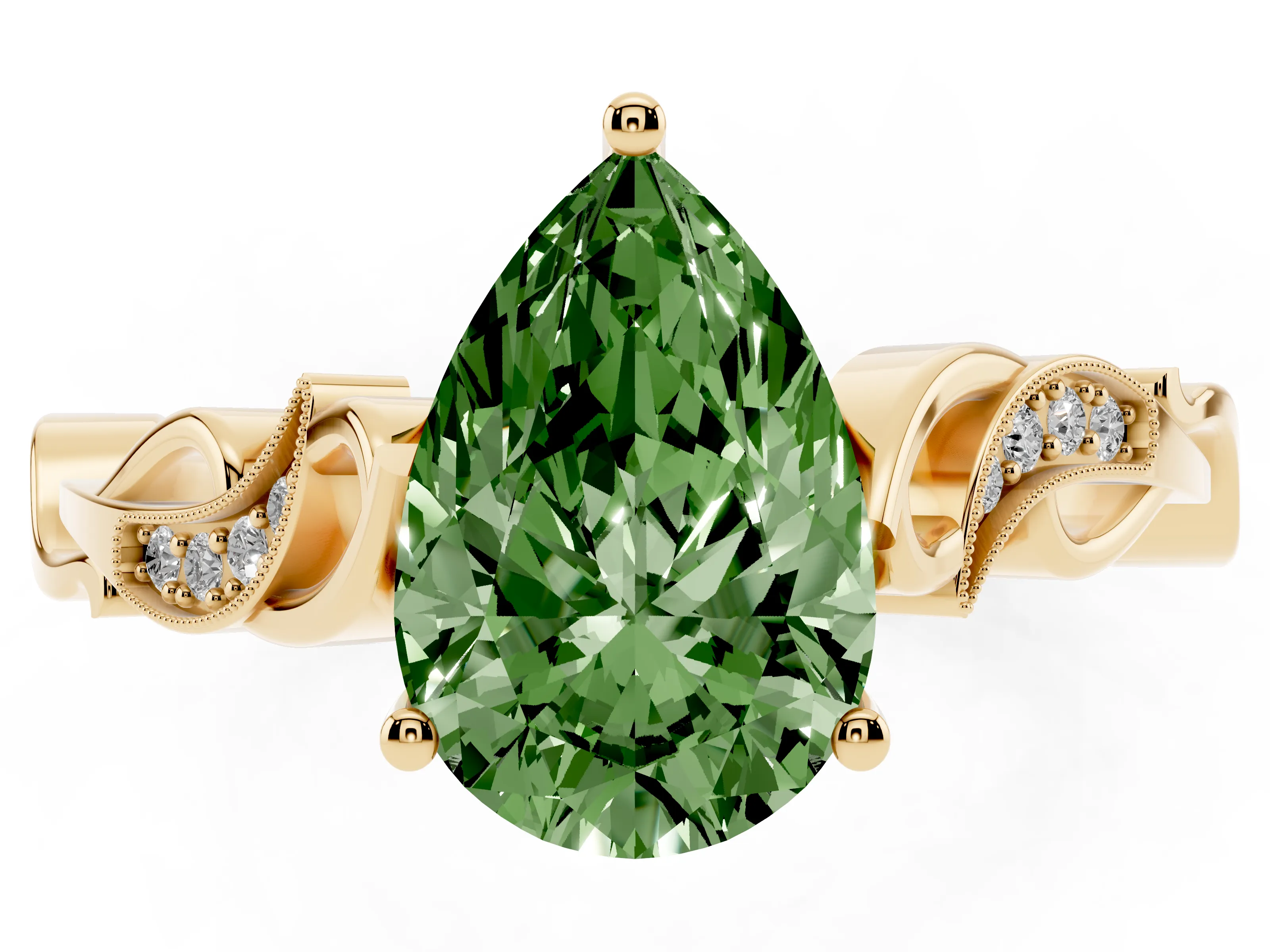 Fancy Green Pear Cut Diamond Vine Band Solitaire Ring Set in Yellow gold with Milgrain Prong Setting