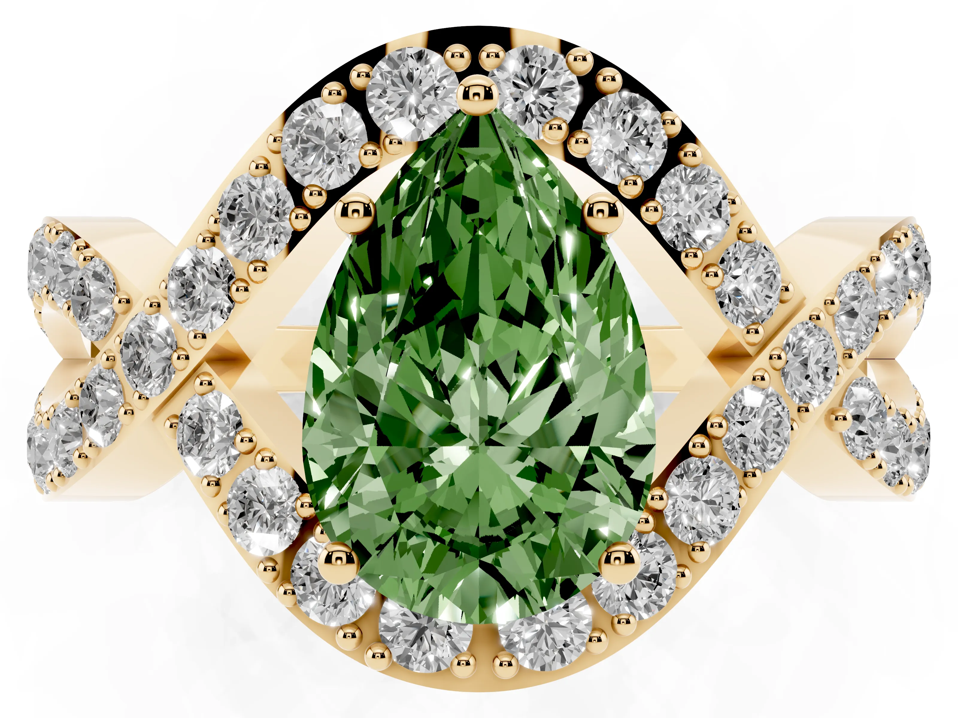 Fancy Green Pear Cut Diamond Solitaire Twist Band Pavé Engagement Ring Set in Yellow gold
