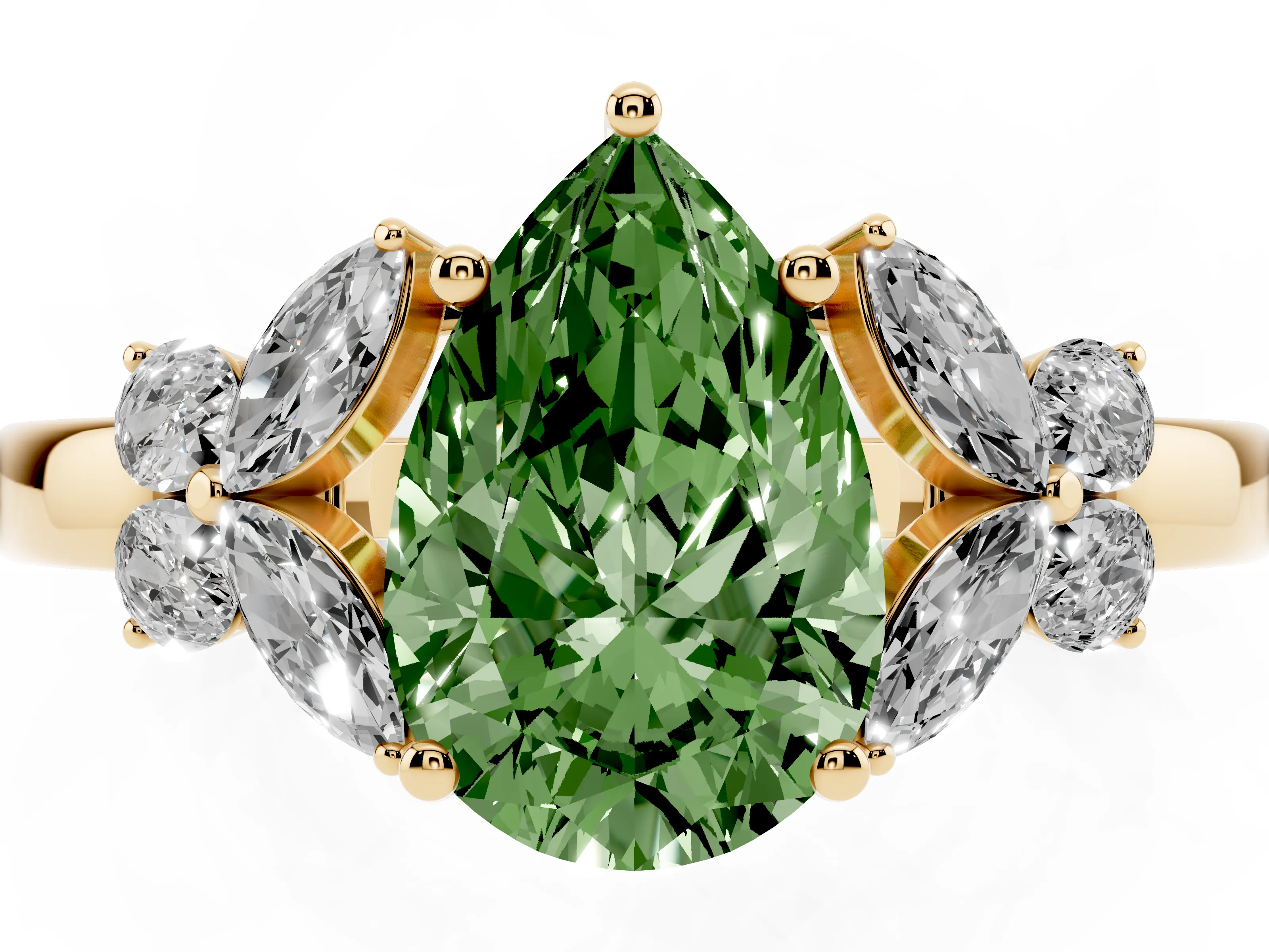 Fancy Green Pear Cut Diamond Solitaire Floral Ring Set in Yellow gold with Marquise Petals and Prong Setting