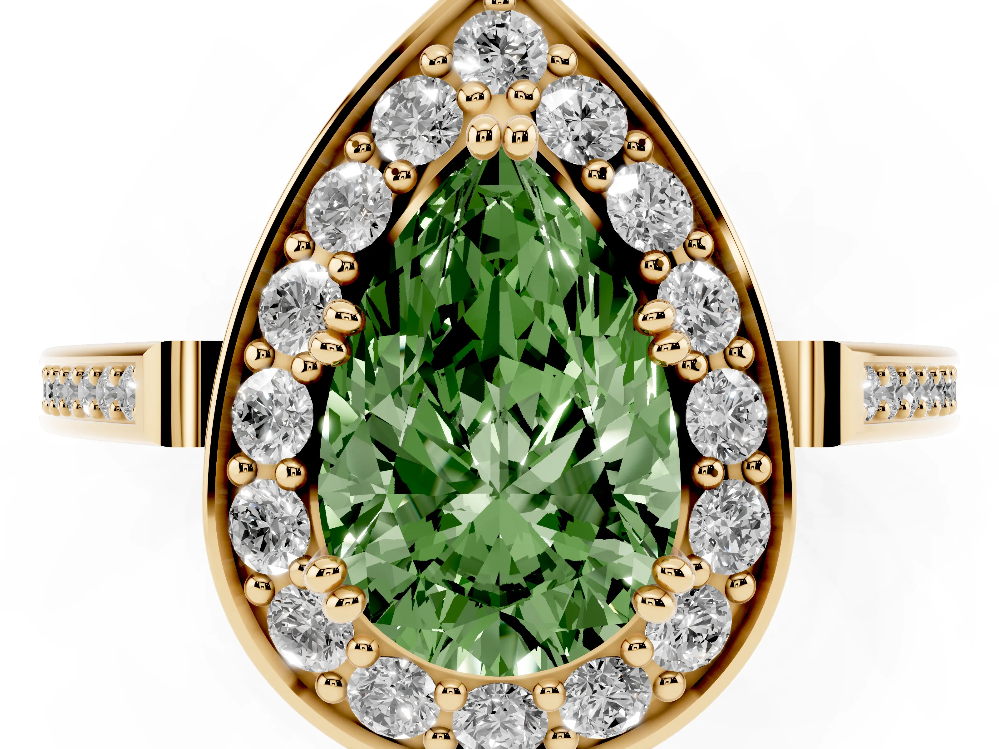 Fancy Green Pear Cut Diamond Halo Ring Set in Yellow gold with Accent-Lined Split Shank and Prong Setting
