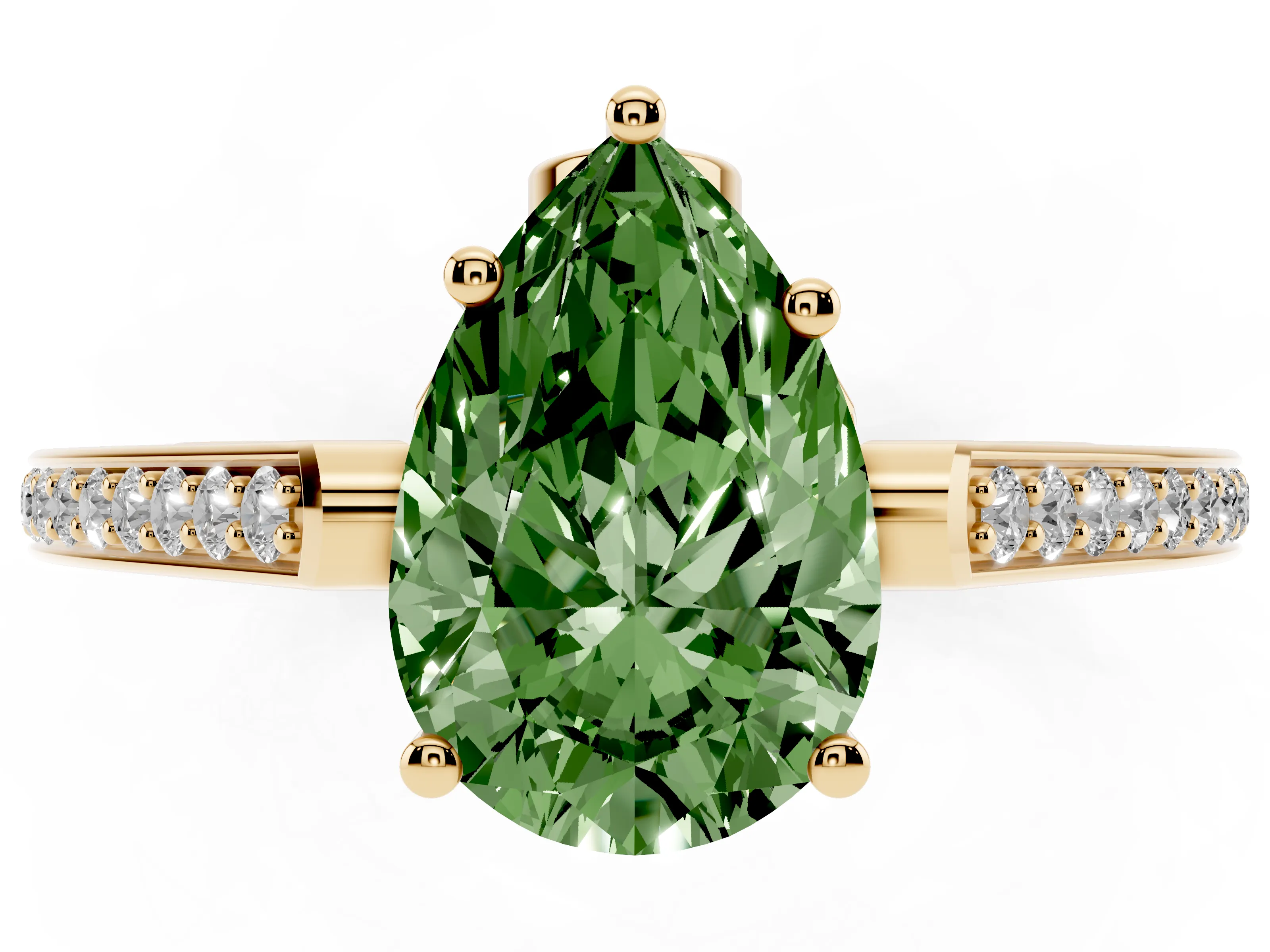Fancy Green Pear Cut Diamond Cathedral Pavé Engagement Ring Set in Yellow gold with Prong Setting