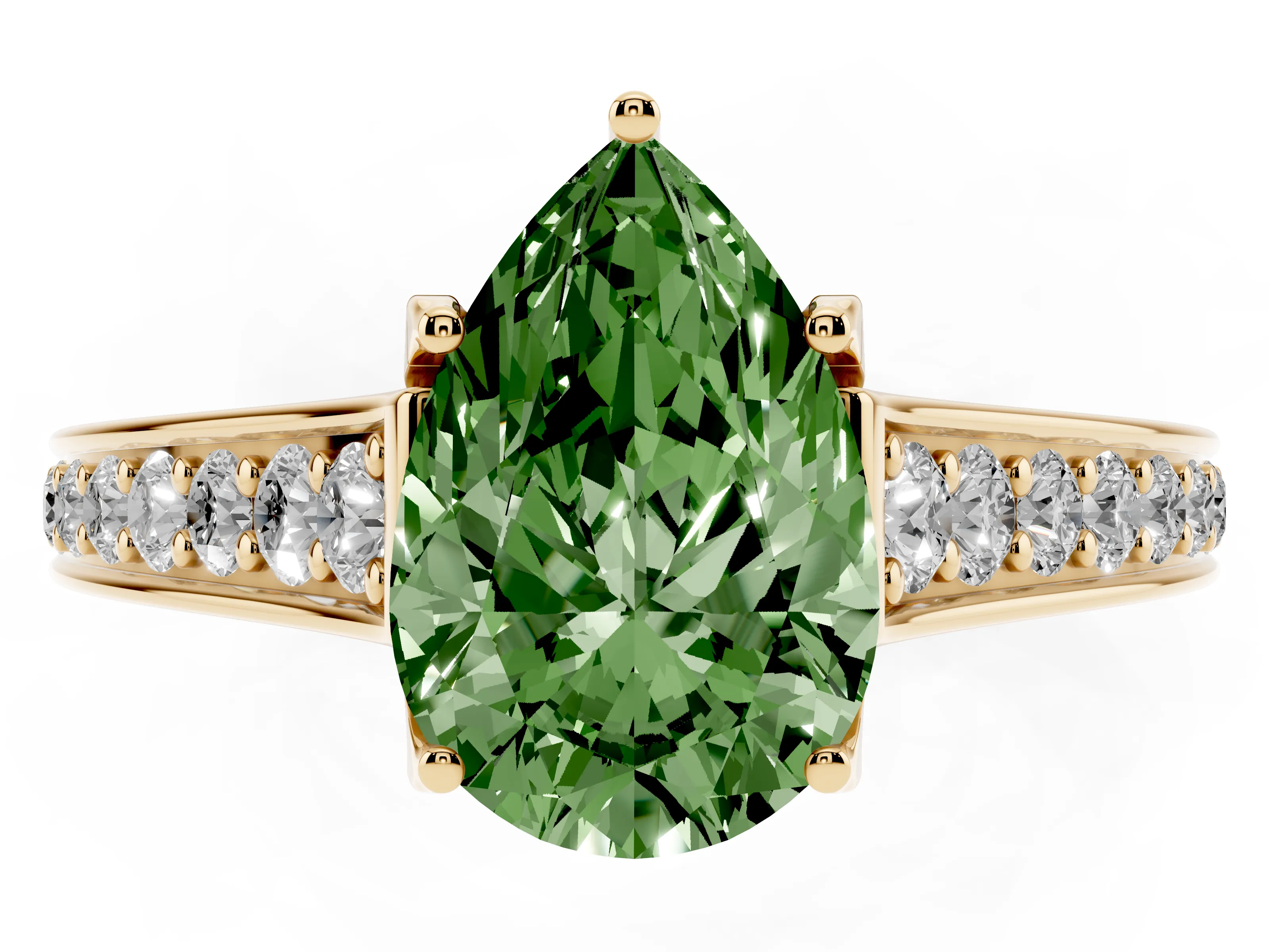 Fancy Green Pear Cut Diamond Solitaire Pavé Engagement Ring Set in Yellow gold with Prong Setting