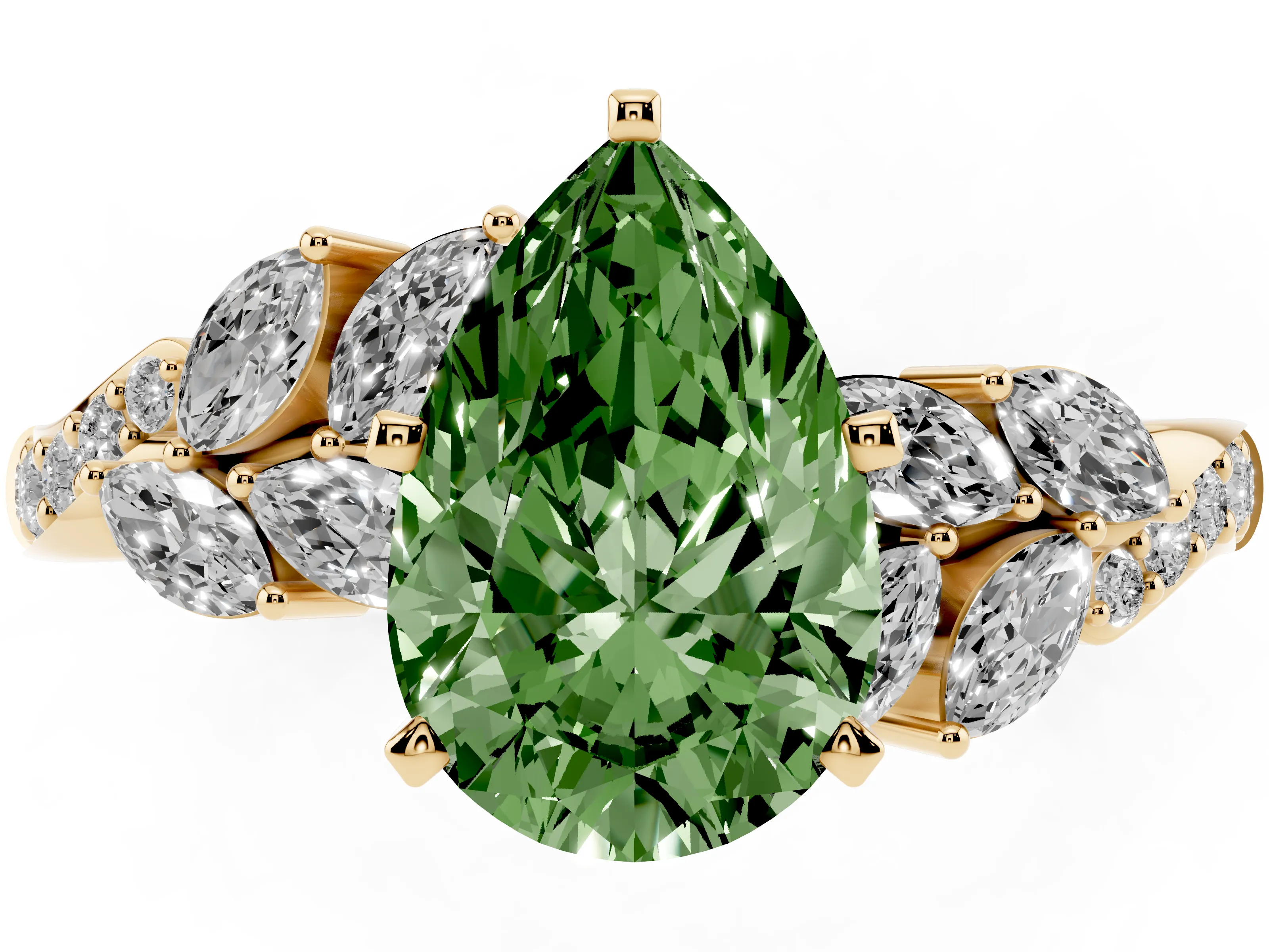Fancy Green Pear Cut Diamond Solitaire Ring Set in Yellow gold with Marquise Twist Band and Prong Setting