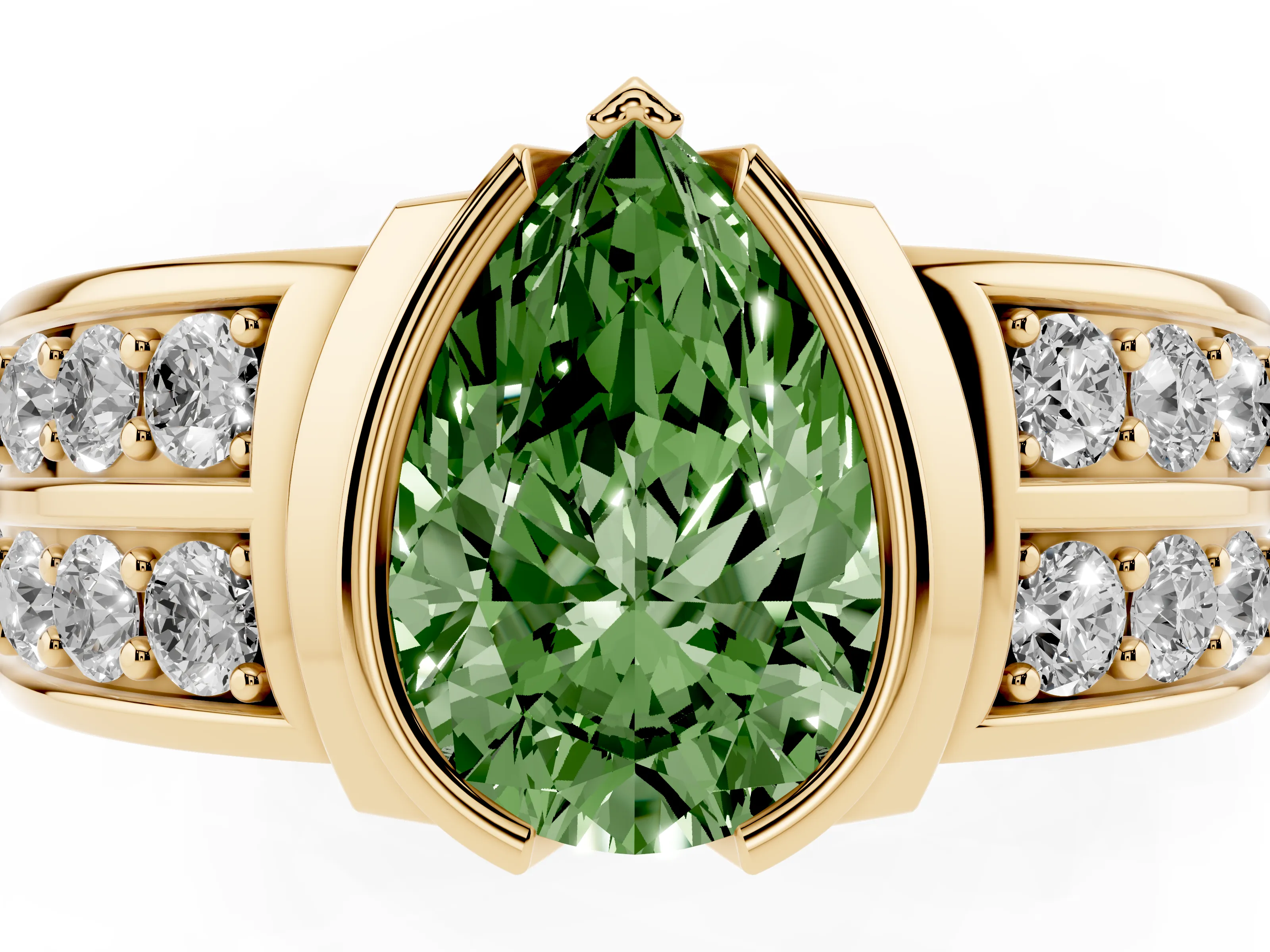Fancy Green Pear Cut Diamond Wide Channel Set Band Ring Set in Yellow gold with Bezel Setting