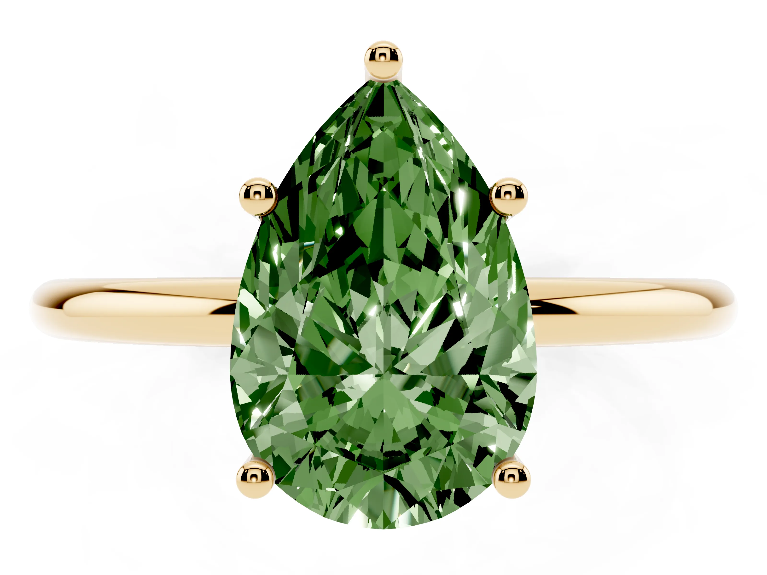 Fancy Green Pear Cut Diamond Solitaire Engagement Ring Set in Yellow gold with Thin Band and Prong Setting