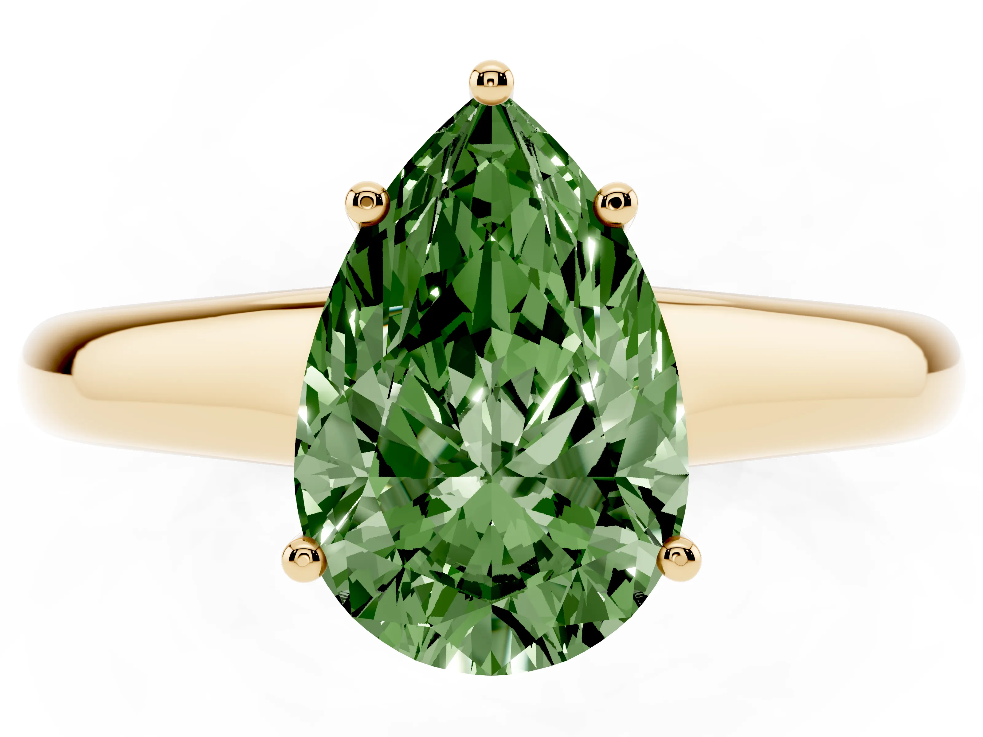 Fancy Green Pear Cut Diamond Solitaire Engagement Ring Set in Yellow gold with Subtly Tapered Band and Prong Setting