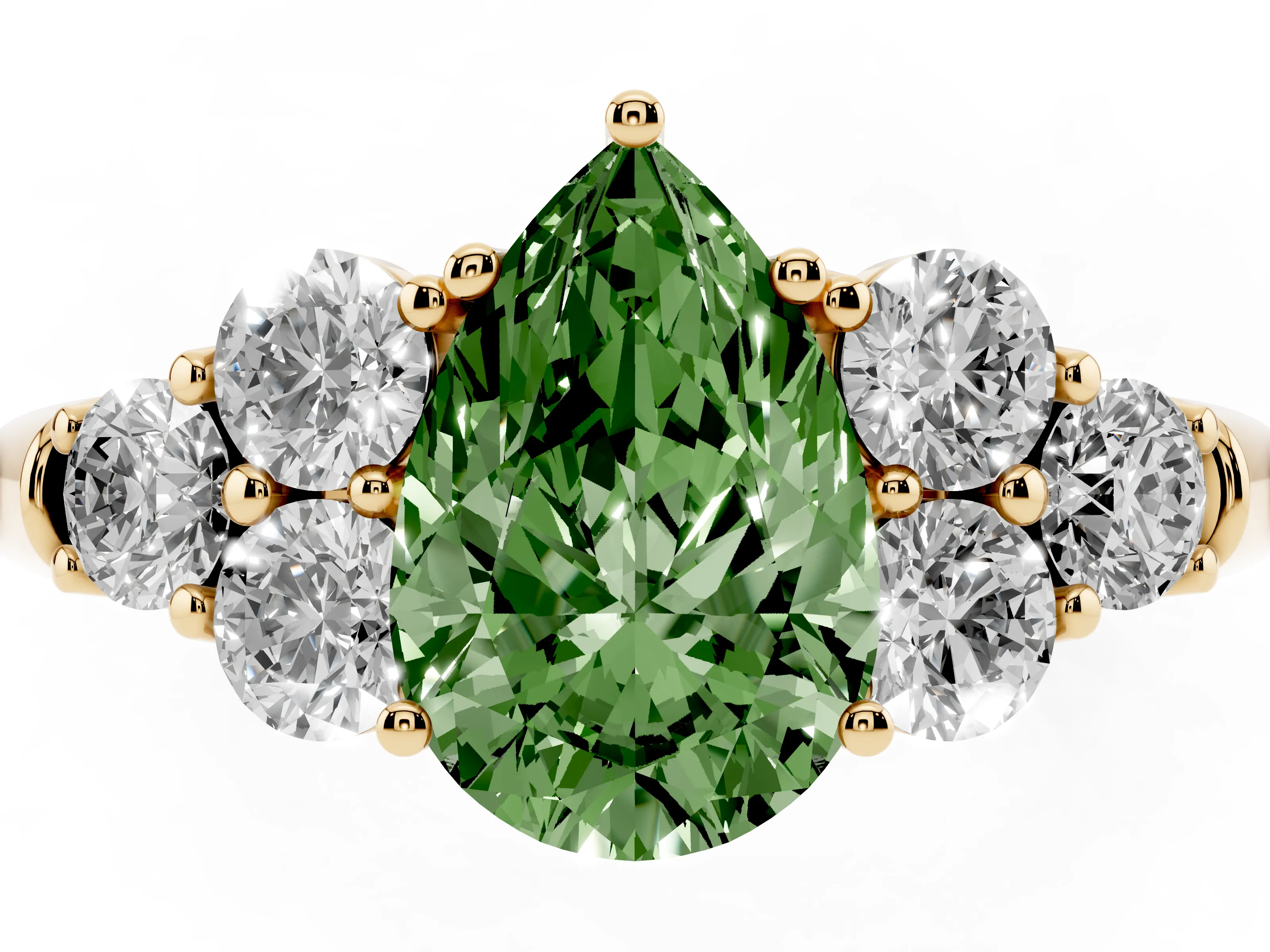 Fancy Green Pear Cut Diamond Cluster Ring Set in Yellow gold with Round Accent Stones and Prong Setting on a Plain Band