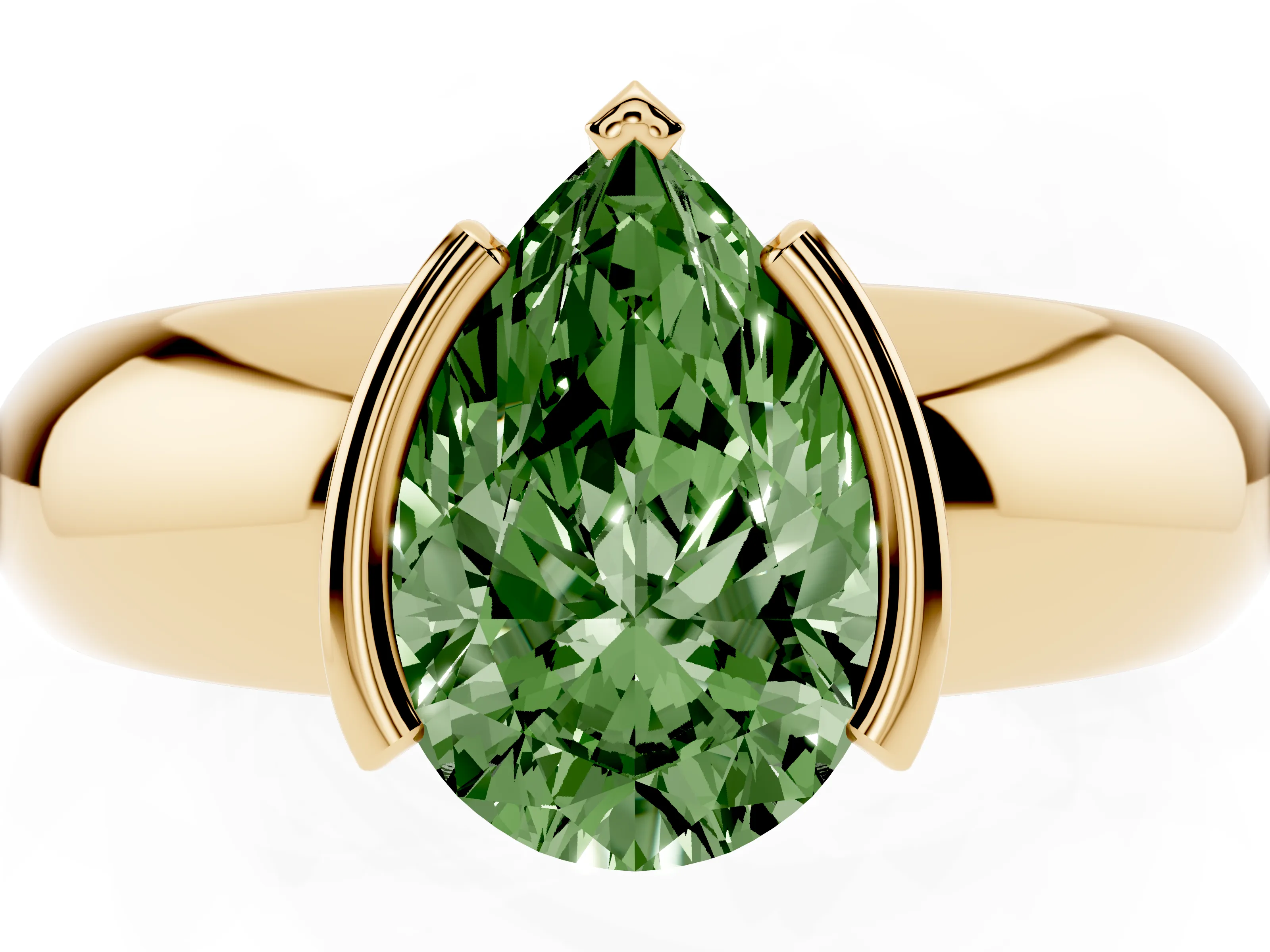 Fancy Green Pear Cut Diamond Solitaire Tension Set Ring Set in Yellow gold with Wide Band
