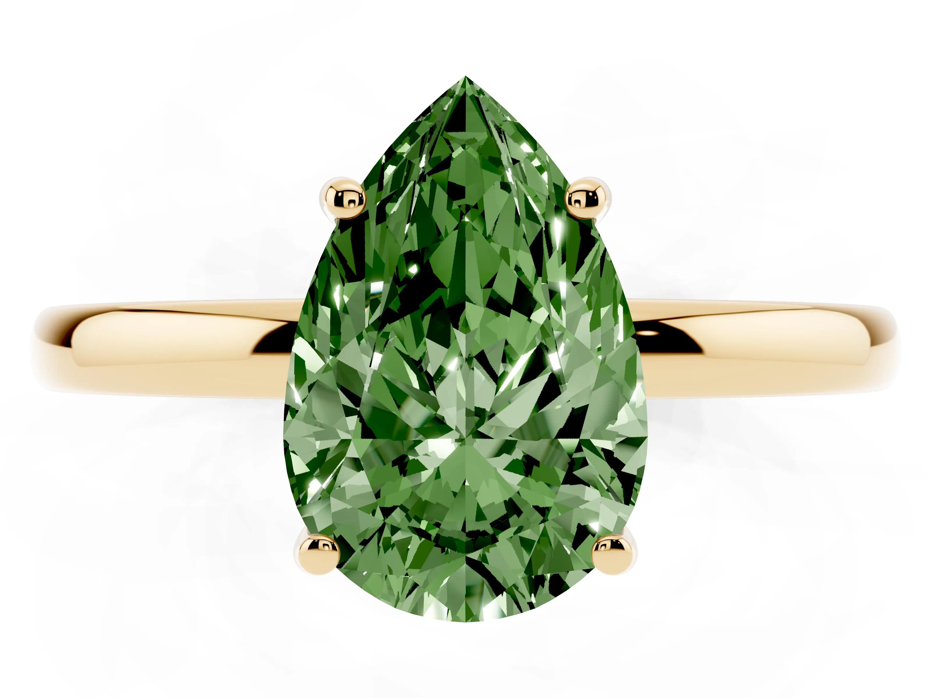 Fancy Green Pear Cut Diamond Solitaire Ring Set in Yellow gold with Plain Band and Prong Setting