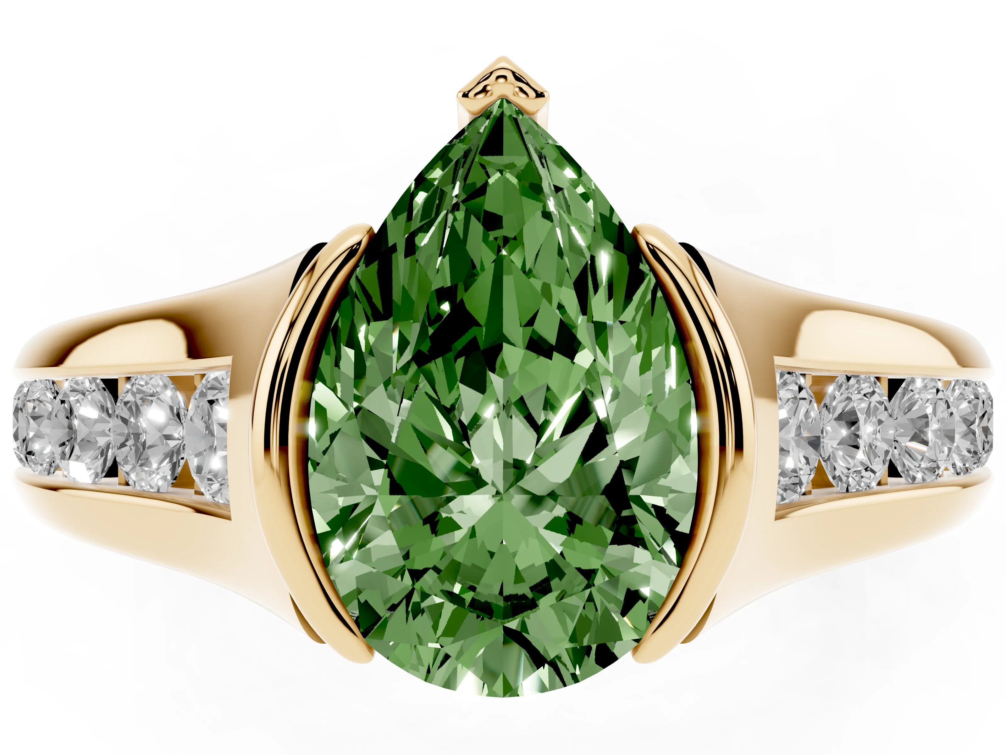 Fancy Green Pear Cut Diamond Bezel-Set Solitaire Ring Set in Yellow gold with Channel-Set Band