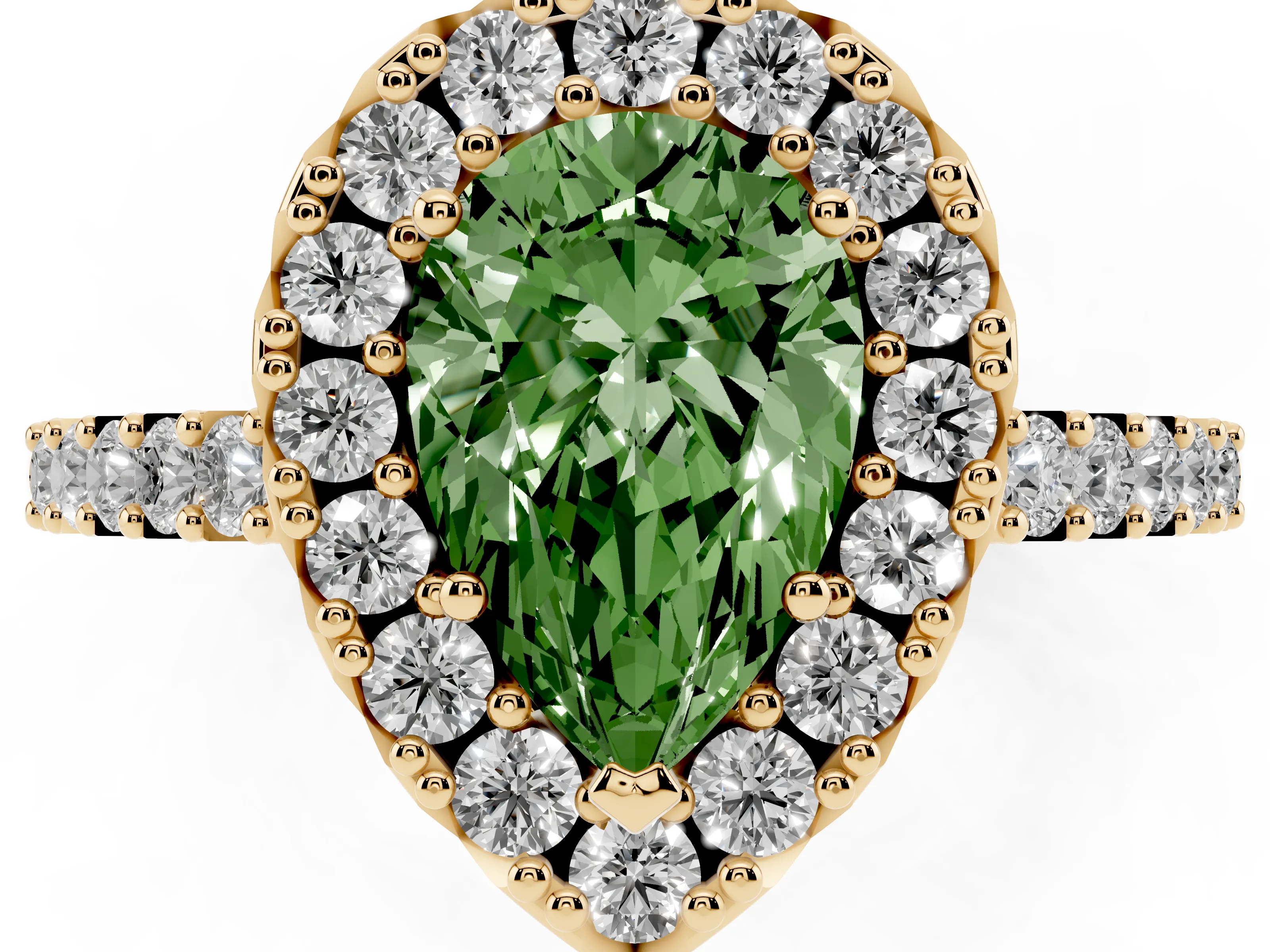 Fancy Green Pear Cut Diamond Halo Pavé Solitaire Ring Set in Yellow gold with Prong-Set Center Stone