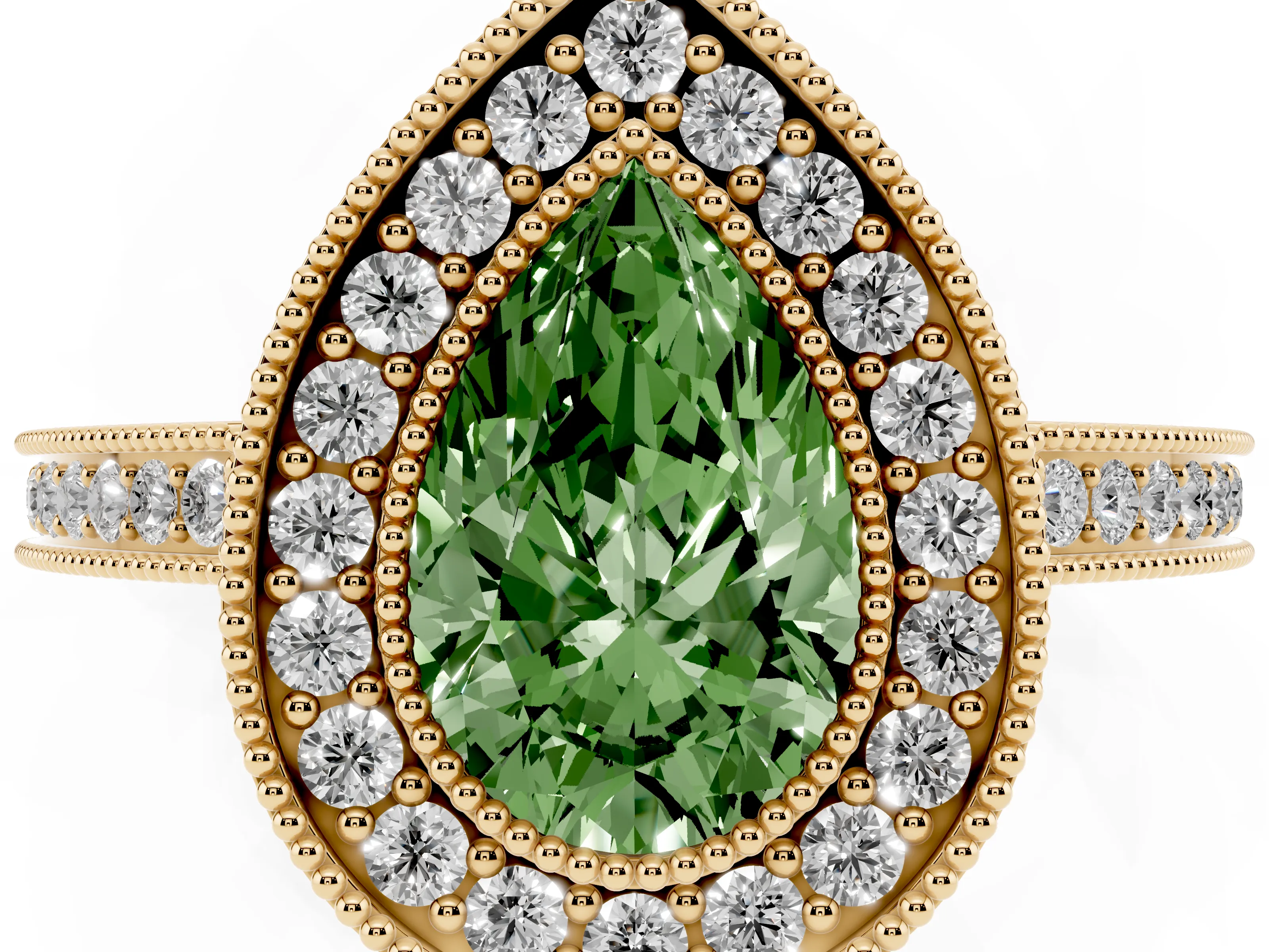 Fancy Green Pear Cut Diamond Halo Ring Set in Yellow gold with Pavé Band and Milgrain-Edged Prongs