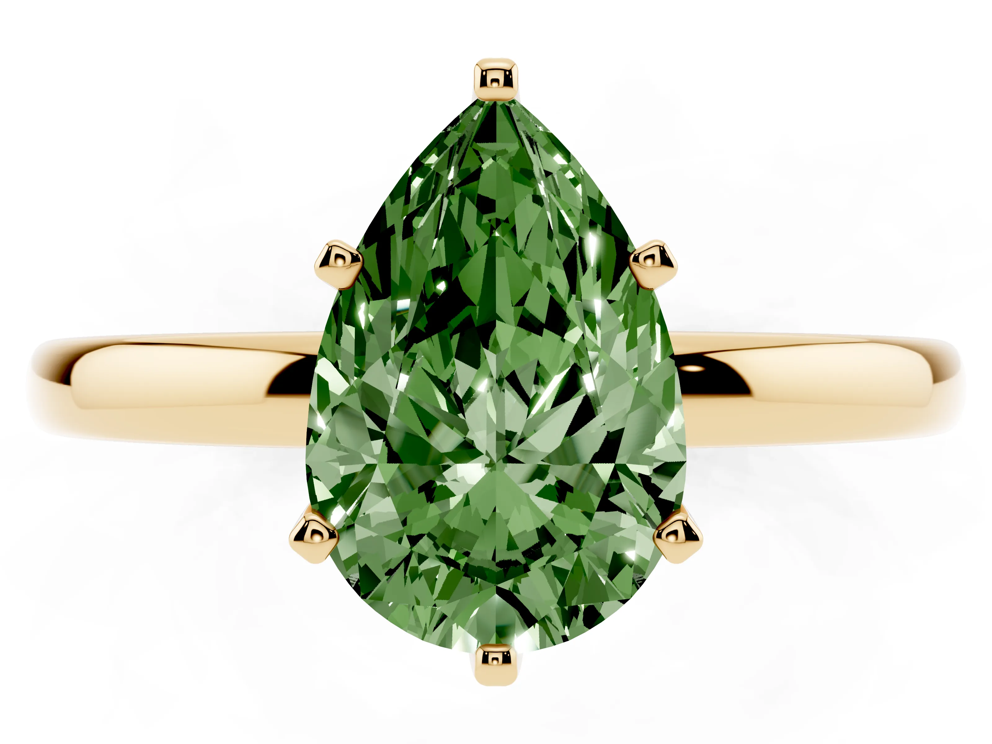 Fancy Green Pear Cut Diamond Solitaire Ring Set in Yellow gold with Raised Prong Setting on a Classic Band
