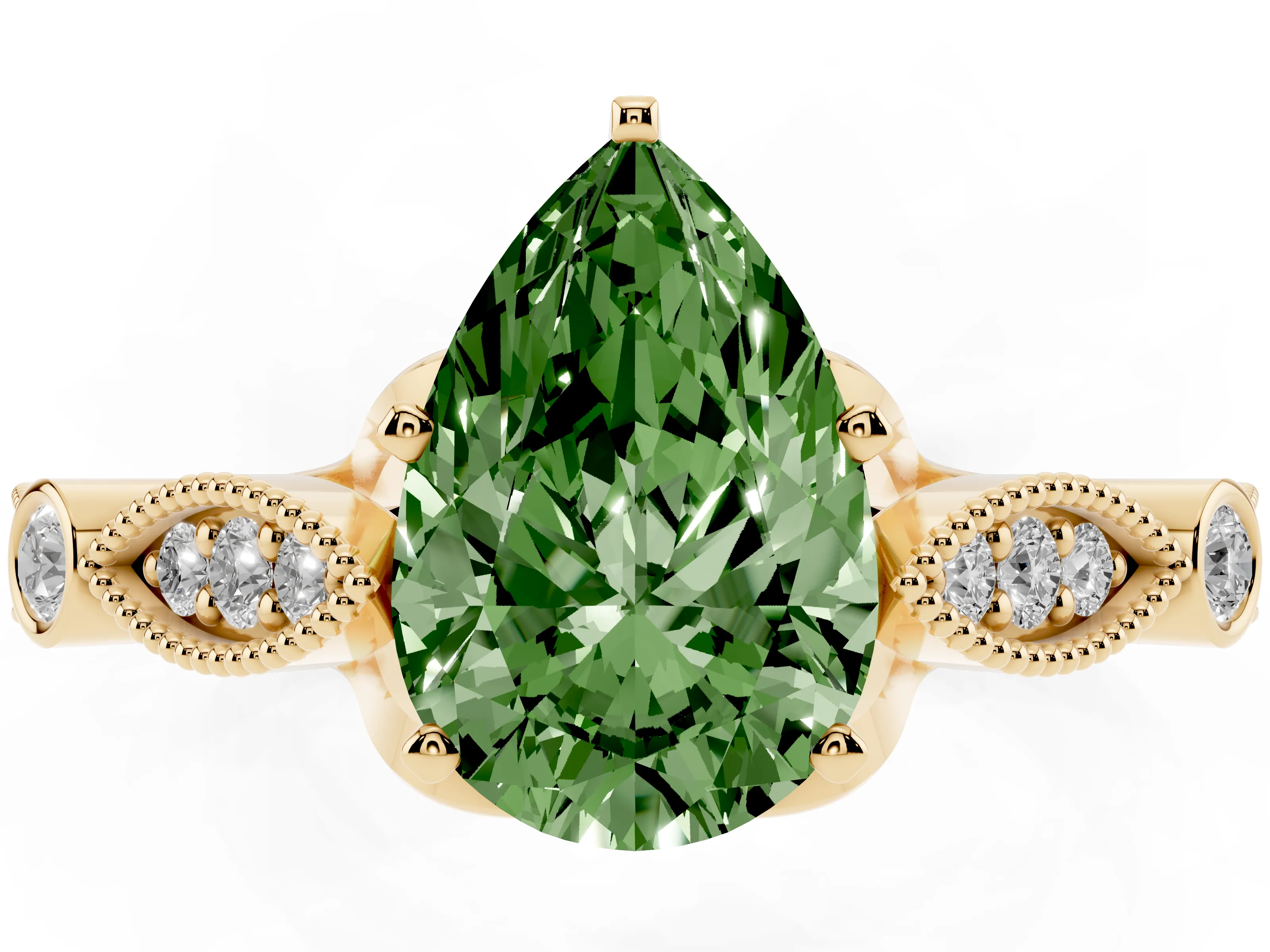 Fancy Green Pear Cut Diamond Solitaire Ring Set in Yellow gold with Milgrain Marquise and Bezel Accents