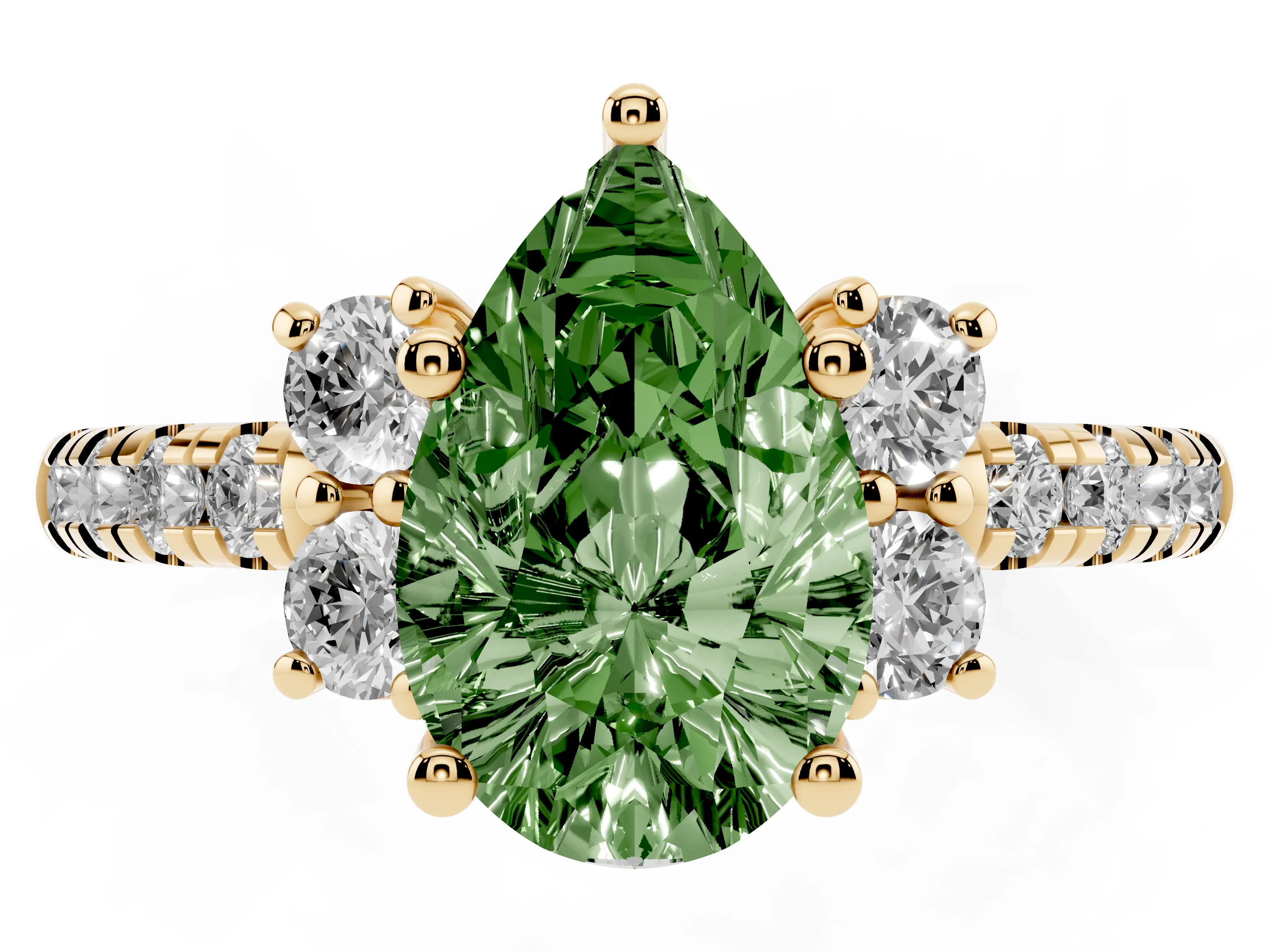 Fancy Green Pear Cut Diamond Three-Stone Pavé Ring Set in Yellow gold with Prong Setting
