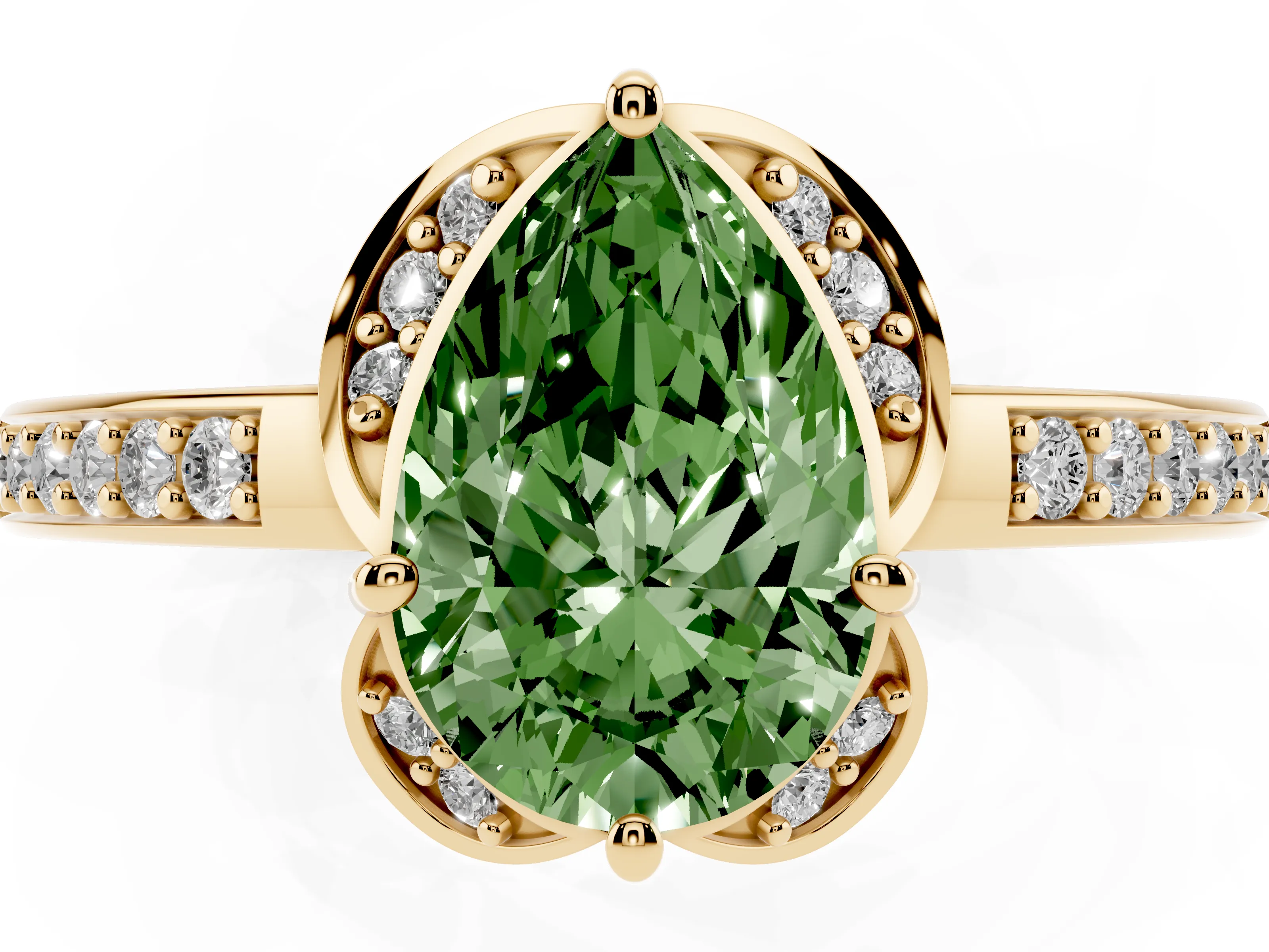 Fancy Green Pear Cut Diamond Halo Ring Set in Yellow gold with Channel Set Band and Prong Setting