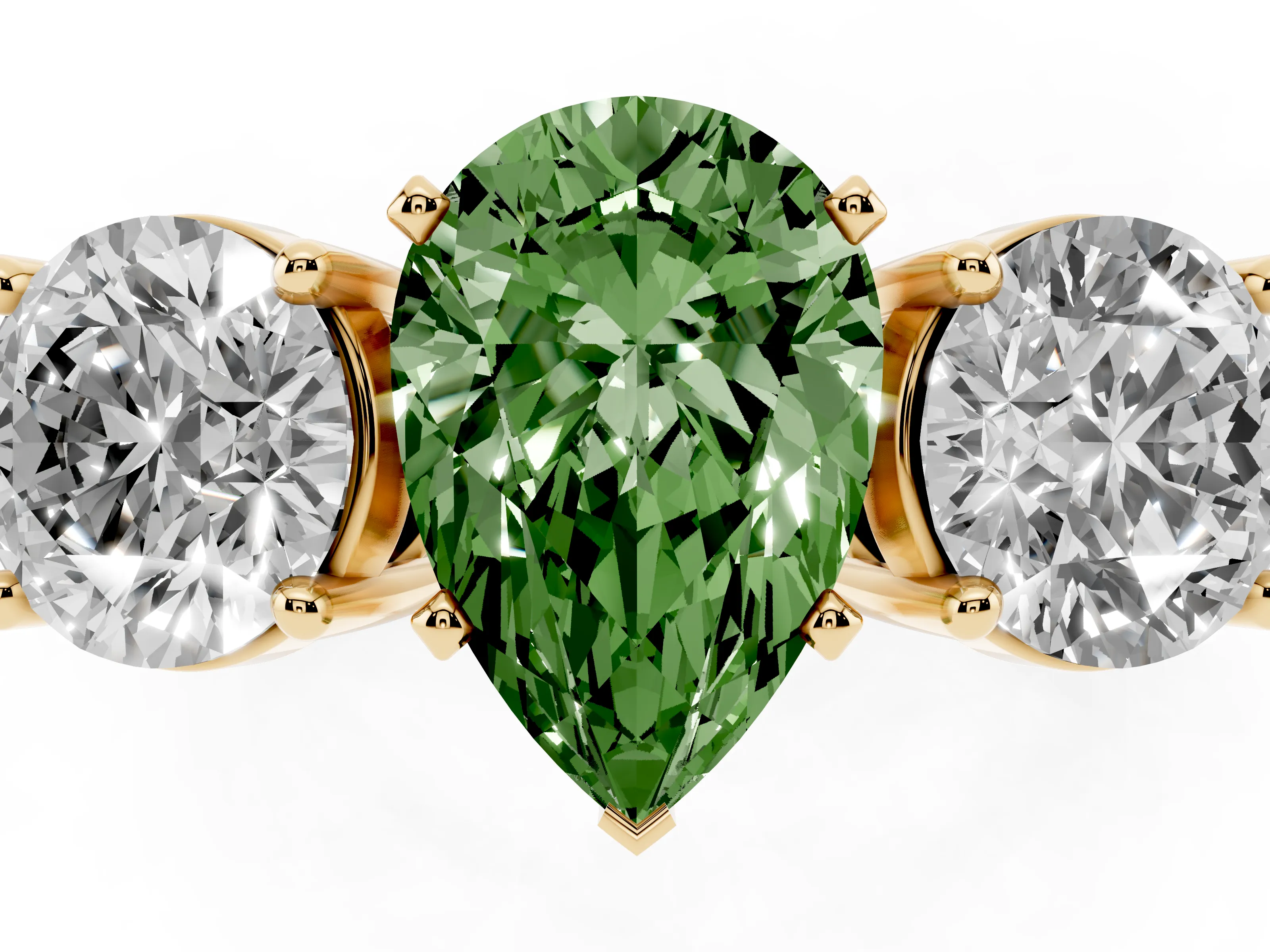 Fancy Green Pear Cut Diamond Three-Stone Ring Set in Yellow gold with Round Side Stones and Classic Band