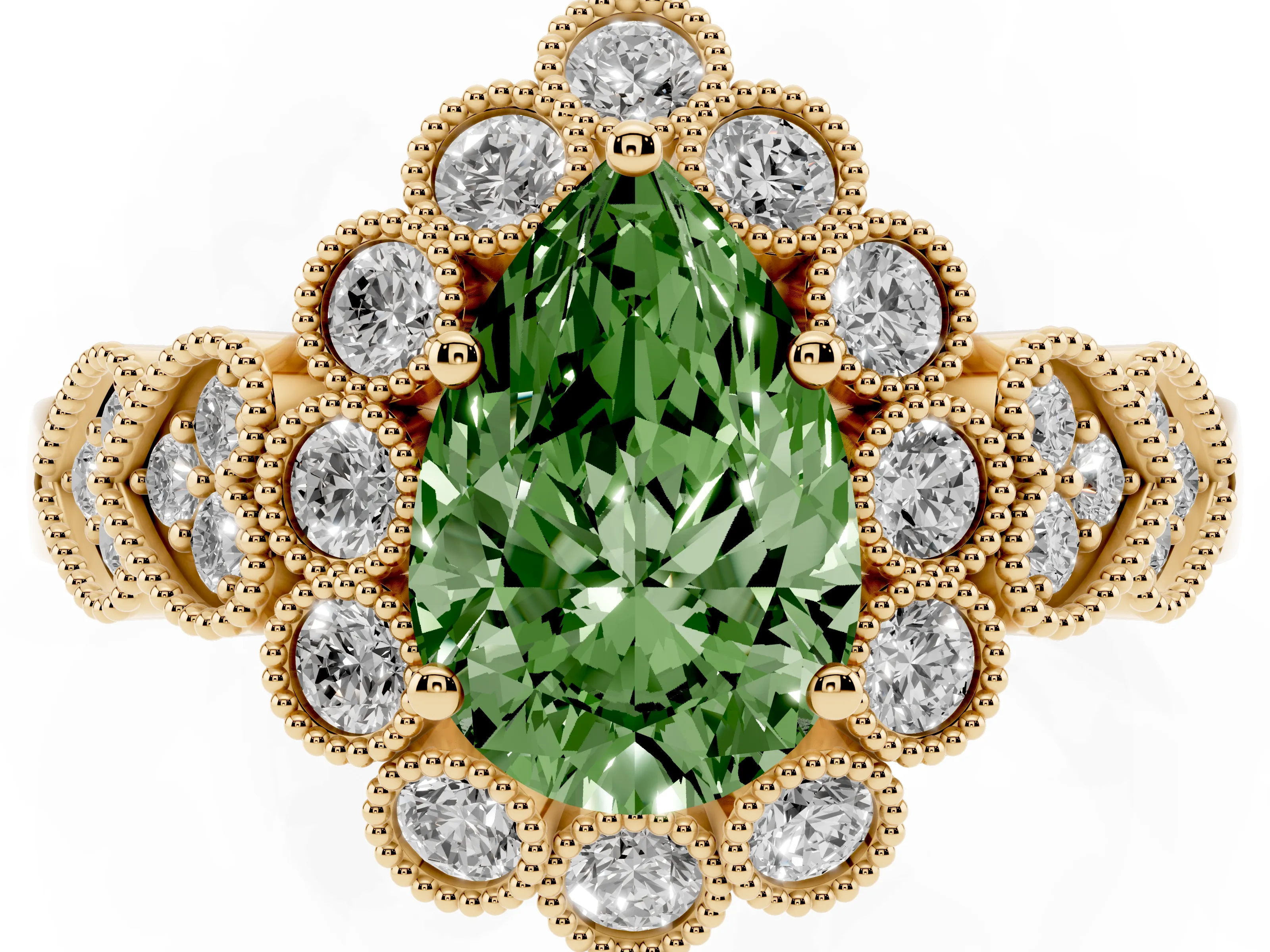 Fancy Green Pear Cut Diamond Solitaire Ring Set in Yellow gold with Milgrain Pavé Heart Band