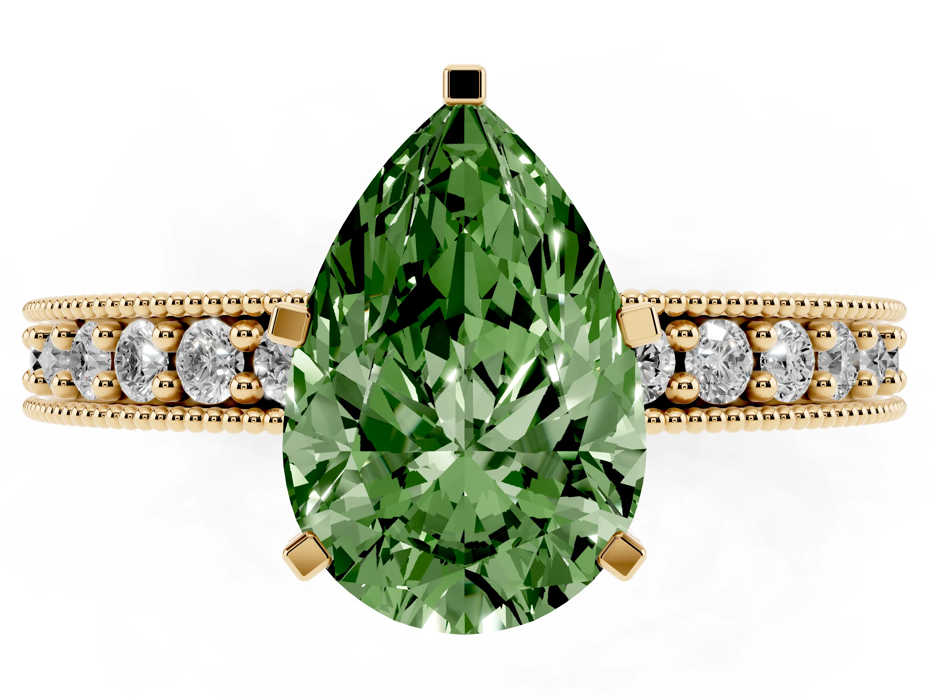 Fancy Green Pear Cut Diamond Milgrain Pavé Engagement Ring Set in Yellow gold with Prong Setting