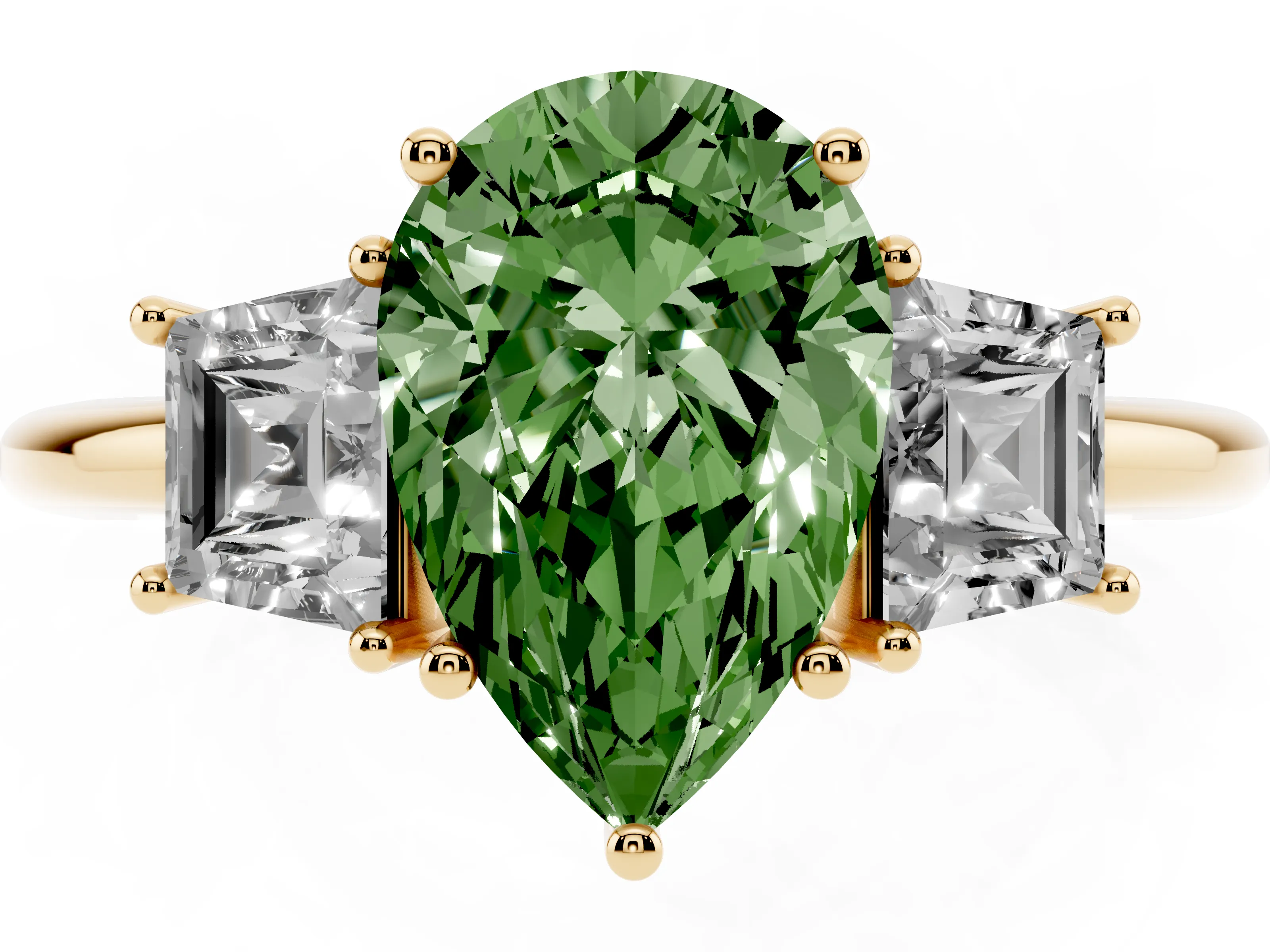 Fancy Green Pear Cut Diamond Three-Stone Ring Set in Yellow gold with Trapezoid Side Stones and Prong Setting