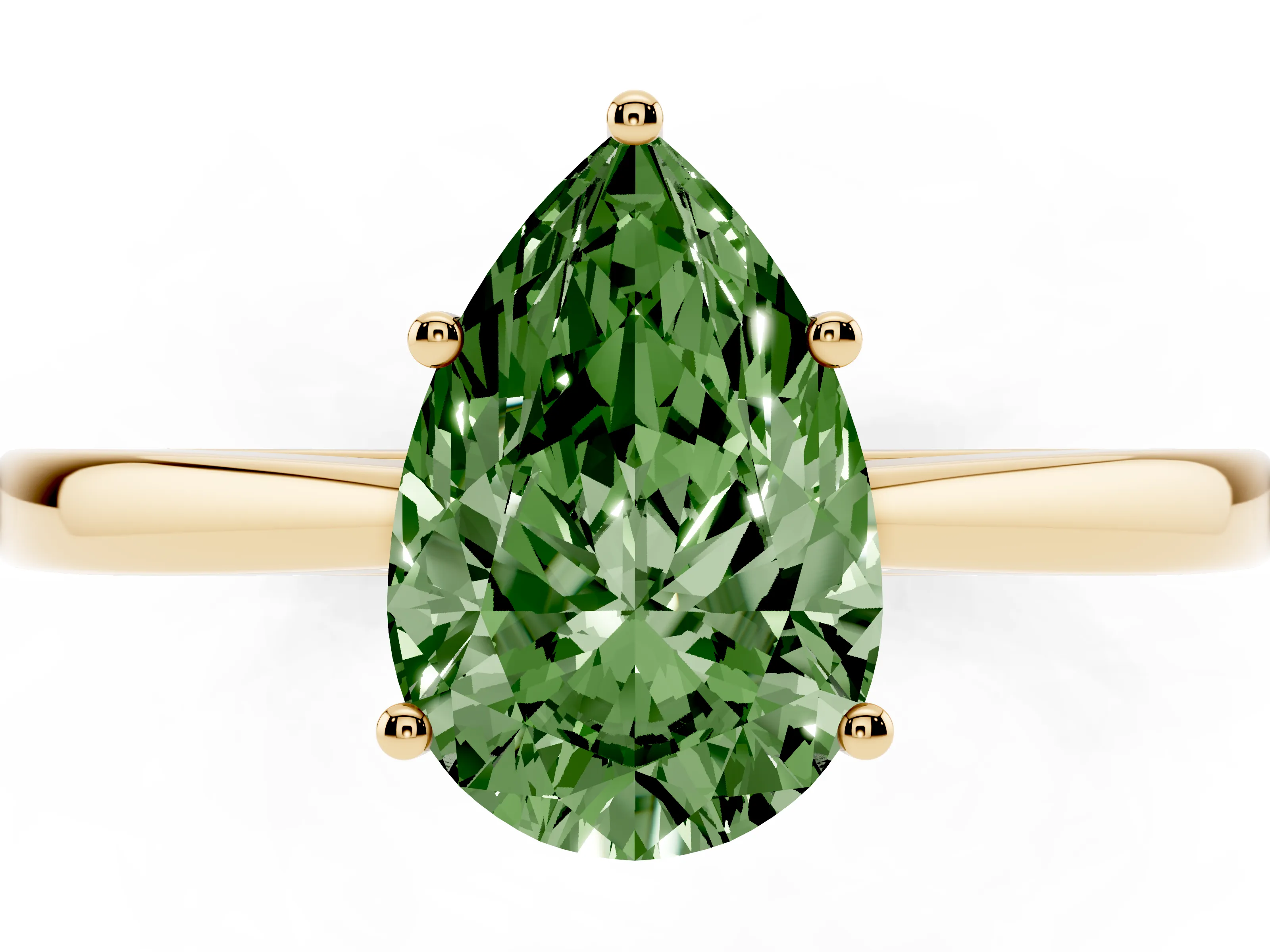 Fancy Green Pear Cut Diamond Solitaire Ring Set in Yellow gold with Split Shank and Prong Setting