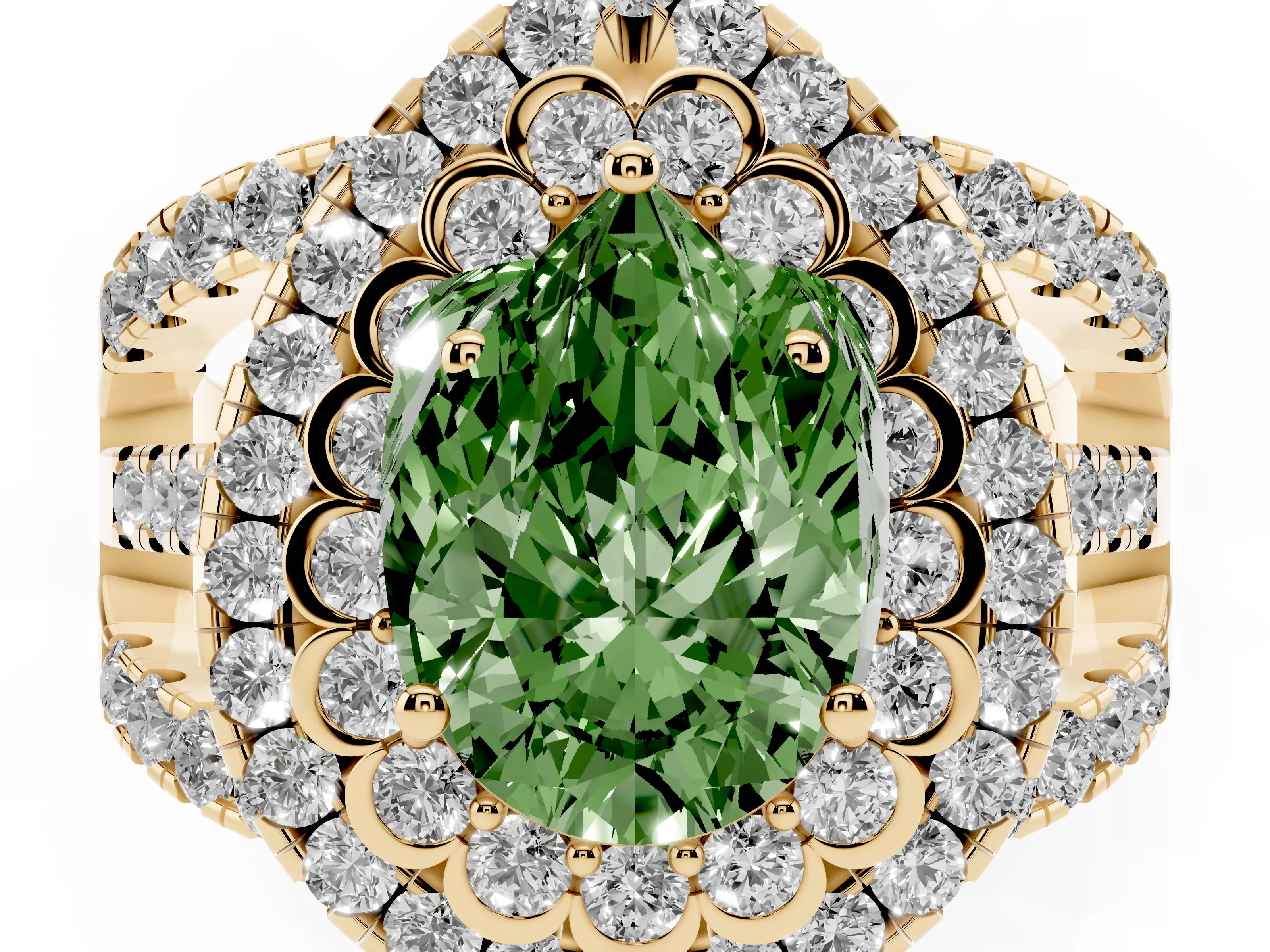 Fancy Green Pear Cut Diamond Double Halo Ring Set in Yellow gold with Round Pavé Split Shank