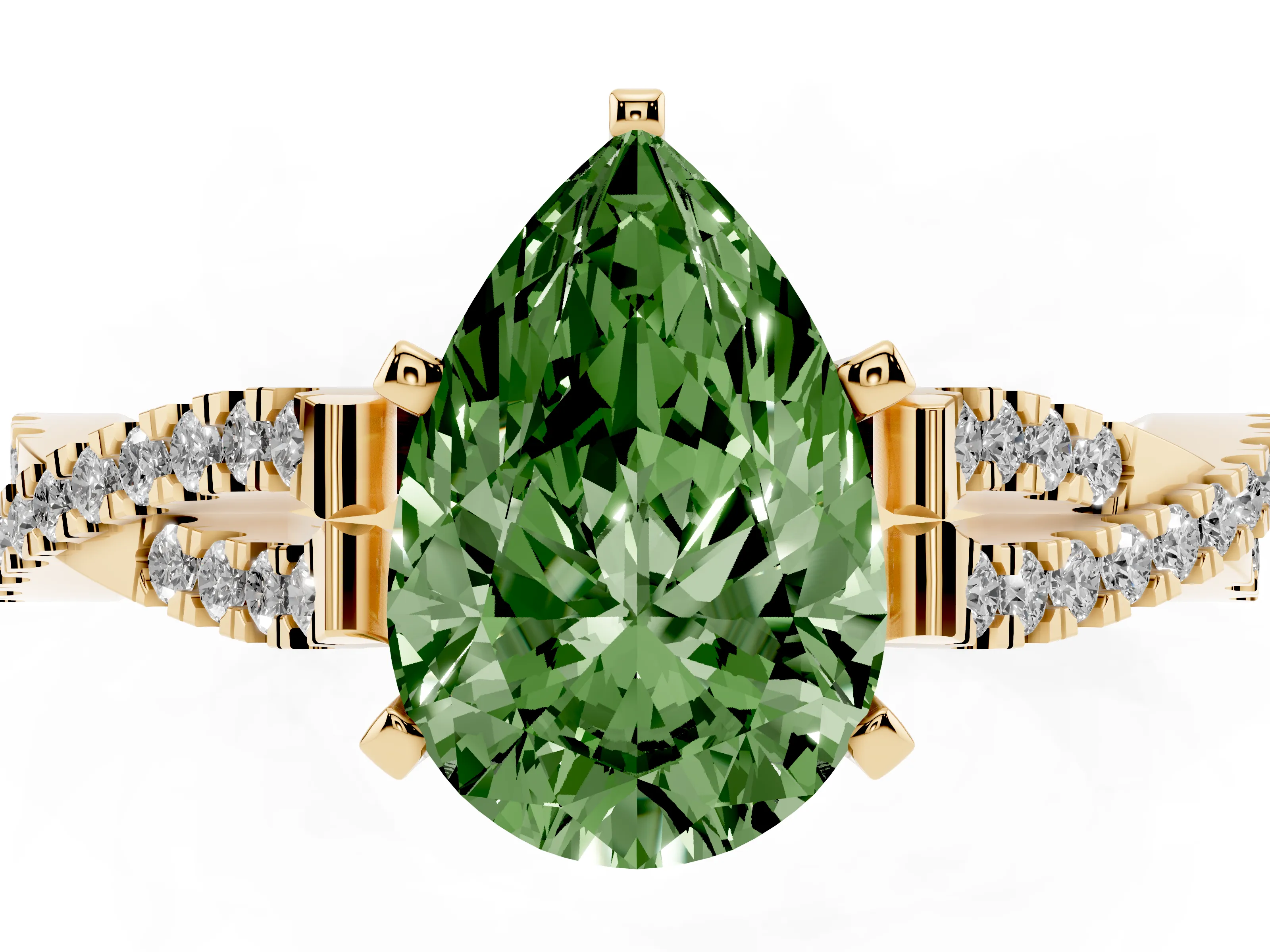 Fancy Green Pear Cut Diamond Solitaire Engagement Ring Set in Yellow gold with Twisted Pavé Band and Prong Setting