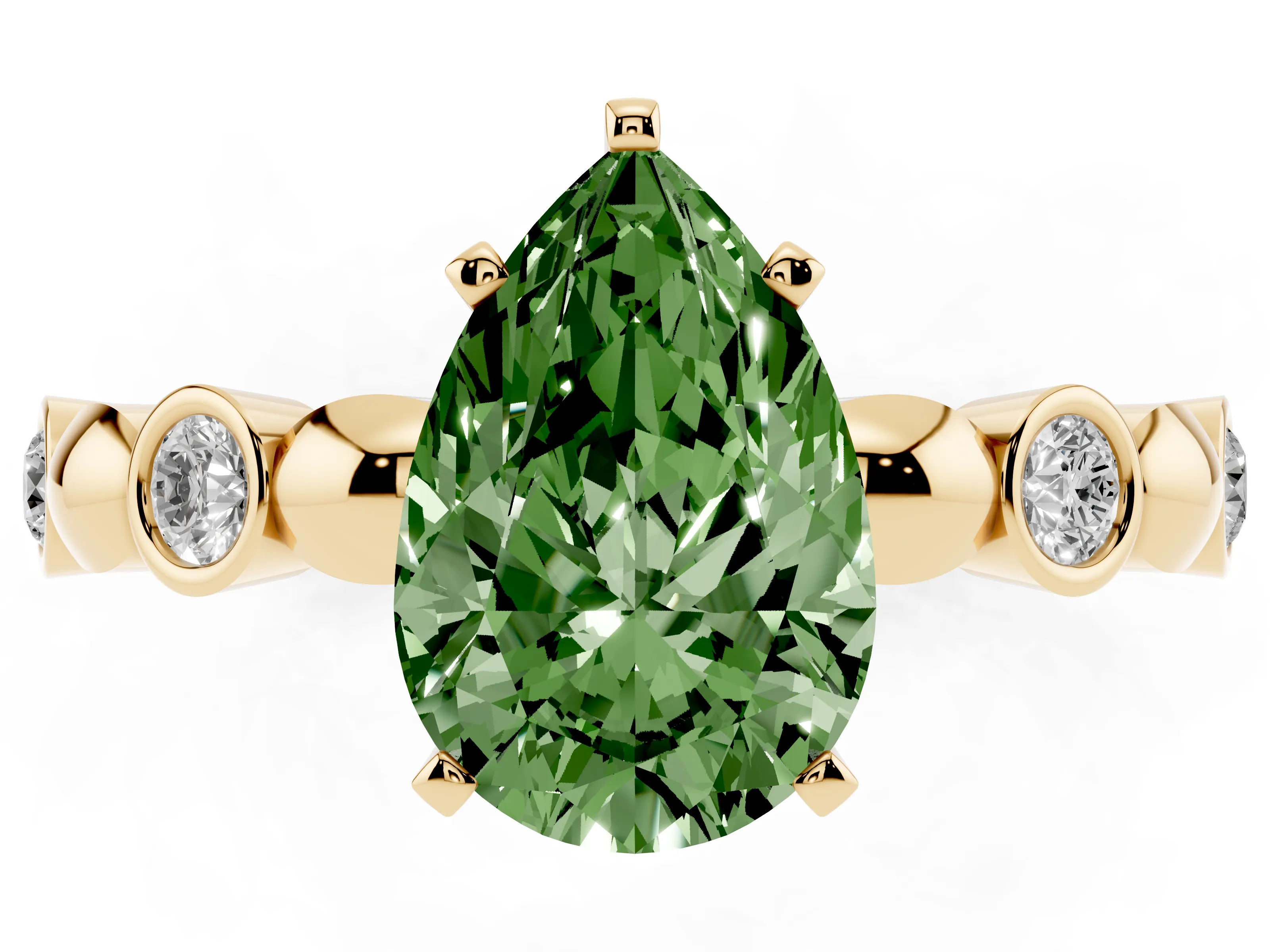 Fancy Green Pear Cut Diamond Solitaire Ring Set in Yellow gold with Bezel-Set Accents on Beaded Band and Prong Setting