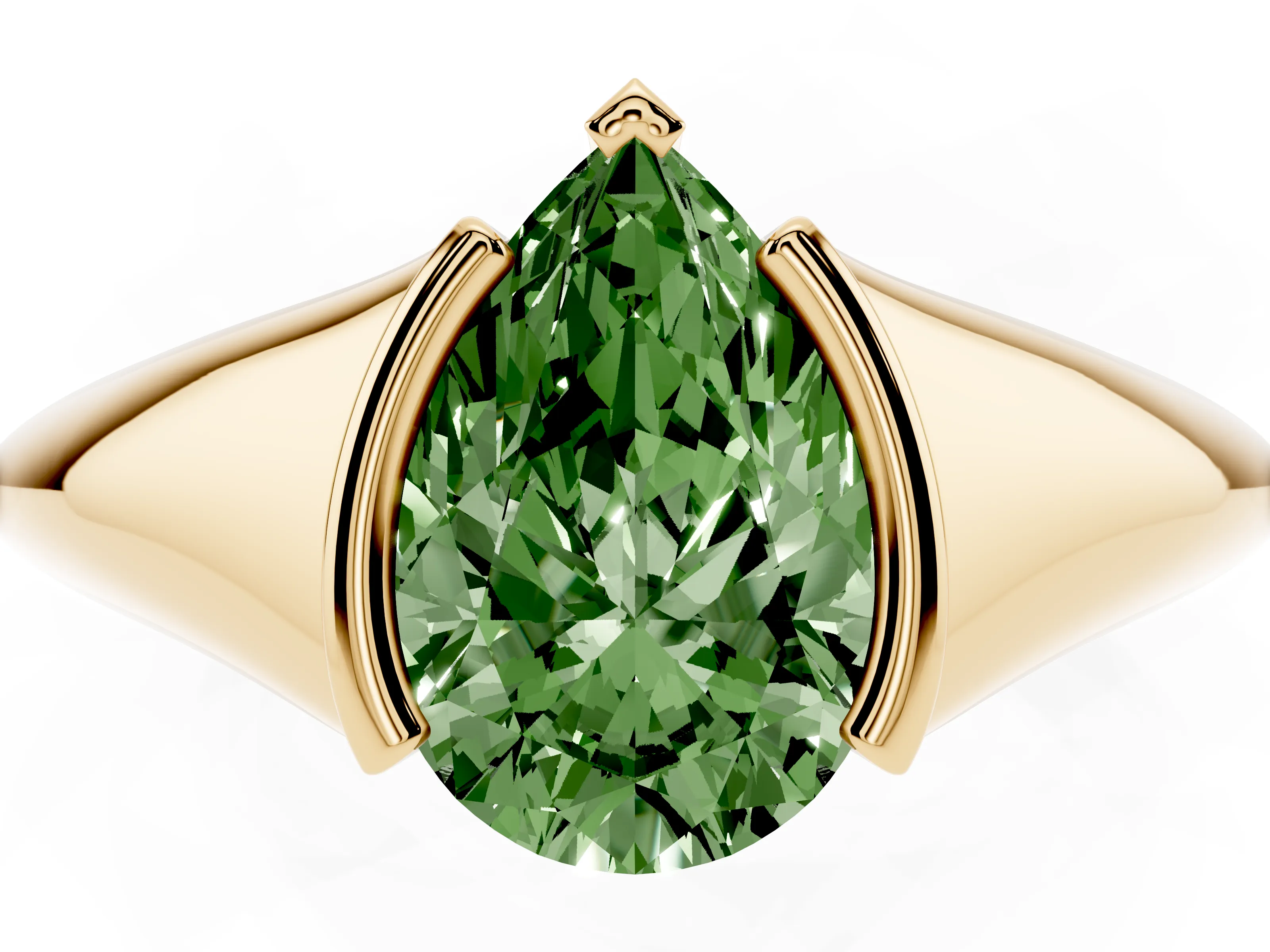 Fancy Green Pear Cut Diamond Solitaire Tension Set Ring Set in Yellow gold