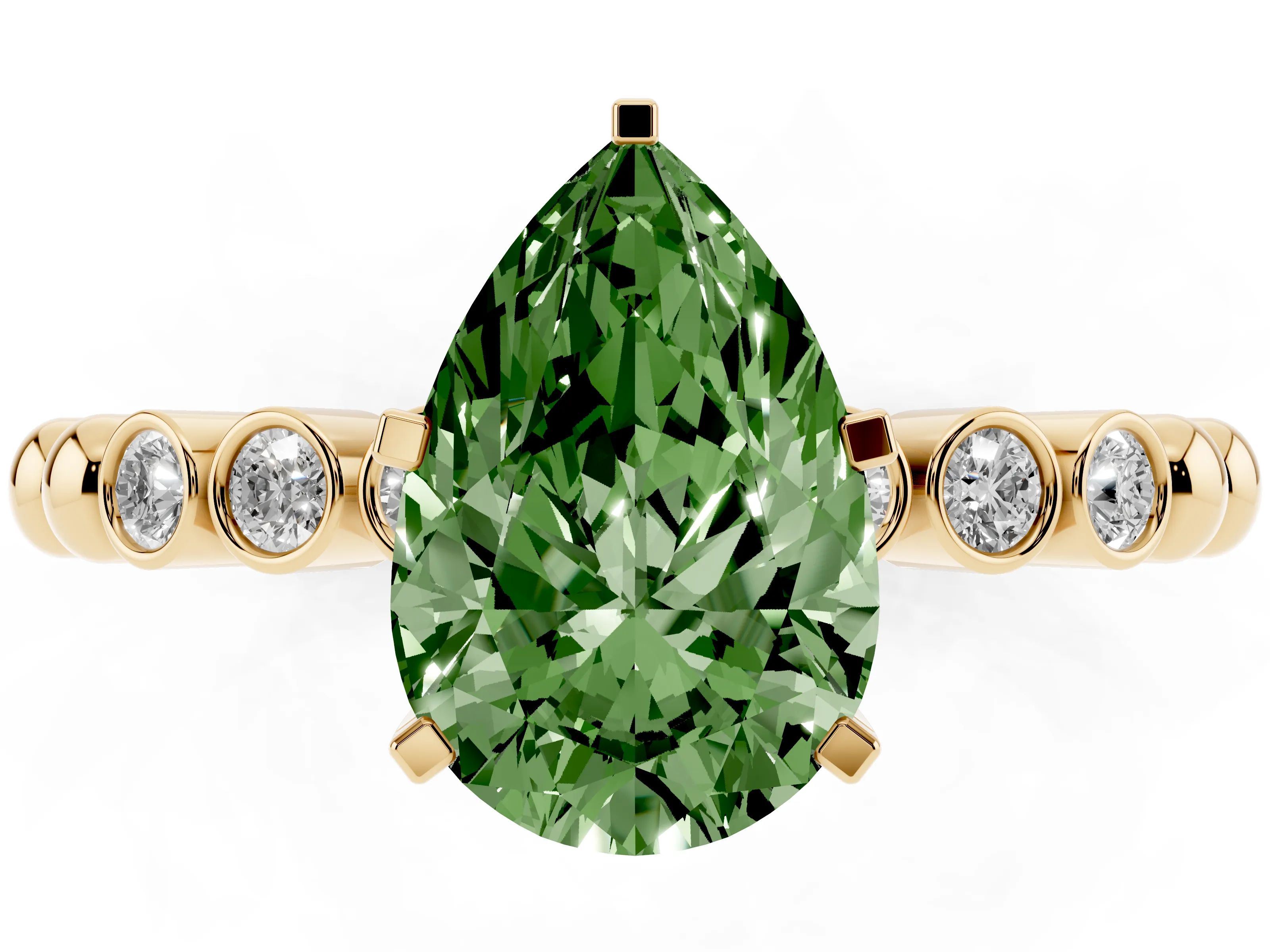 Fancy Green Pear Cut Diamond Solitaire Engagement Ring Set in Yellow gold with Bezel Accents on Beaded Band