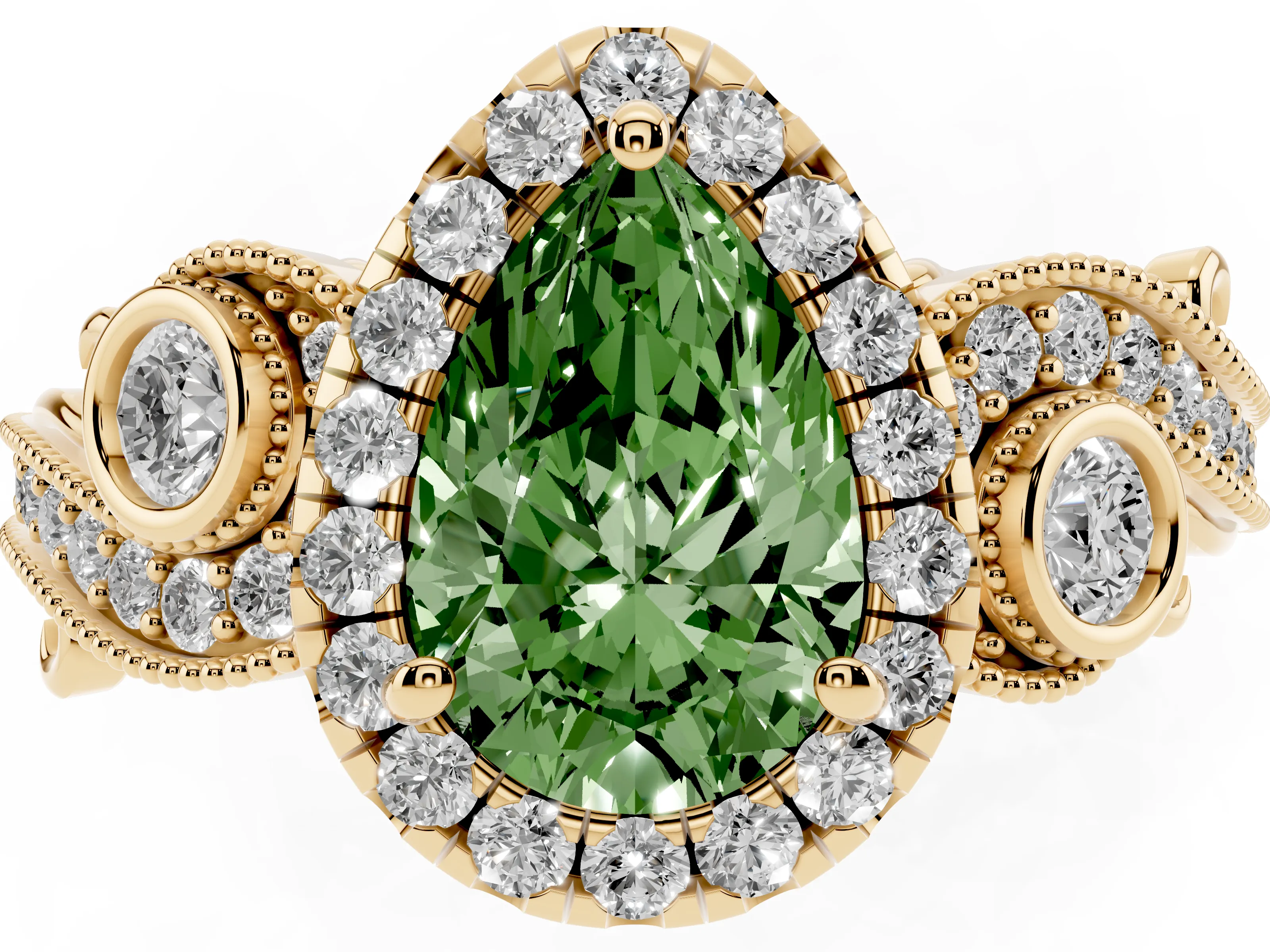Fancy Green Pear Cut Diamond Halo Ring Set in Yellow gold with Milgrain Pavé Band and Prong Setting