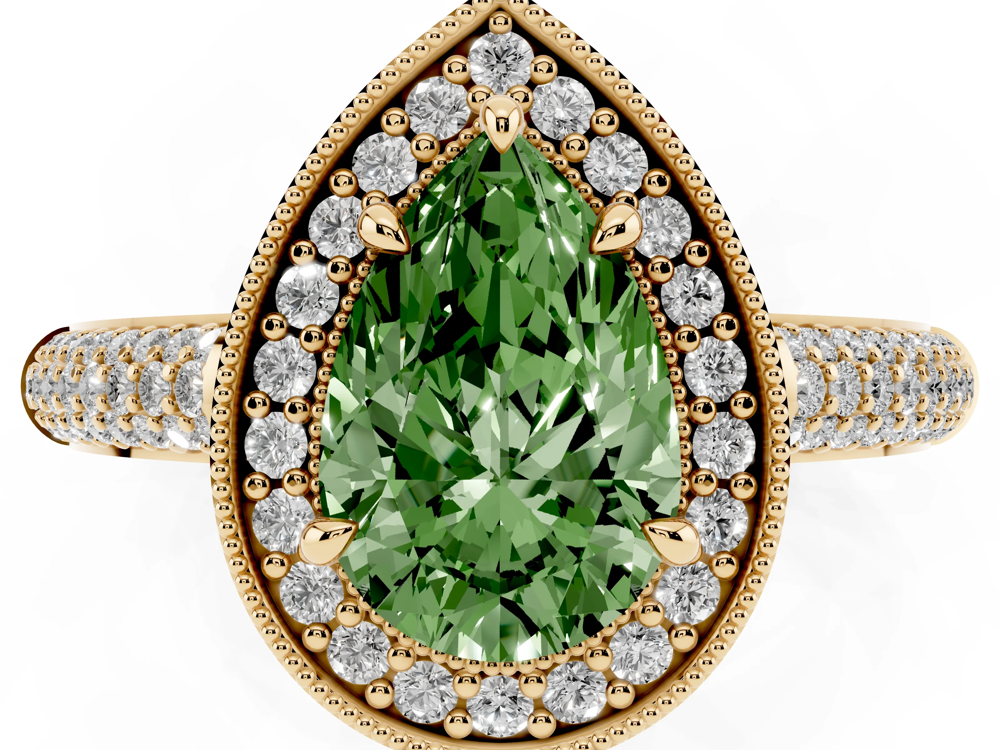 Fancy Green Pear Cut Diamond Halo Pavé Band Set in Yellow gold with Prong Setting