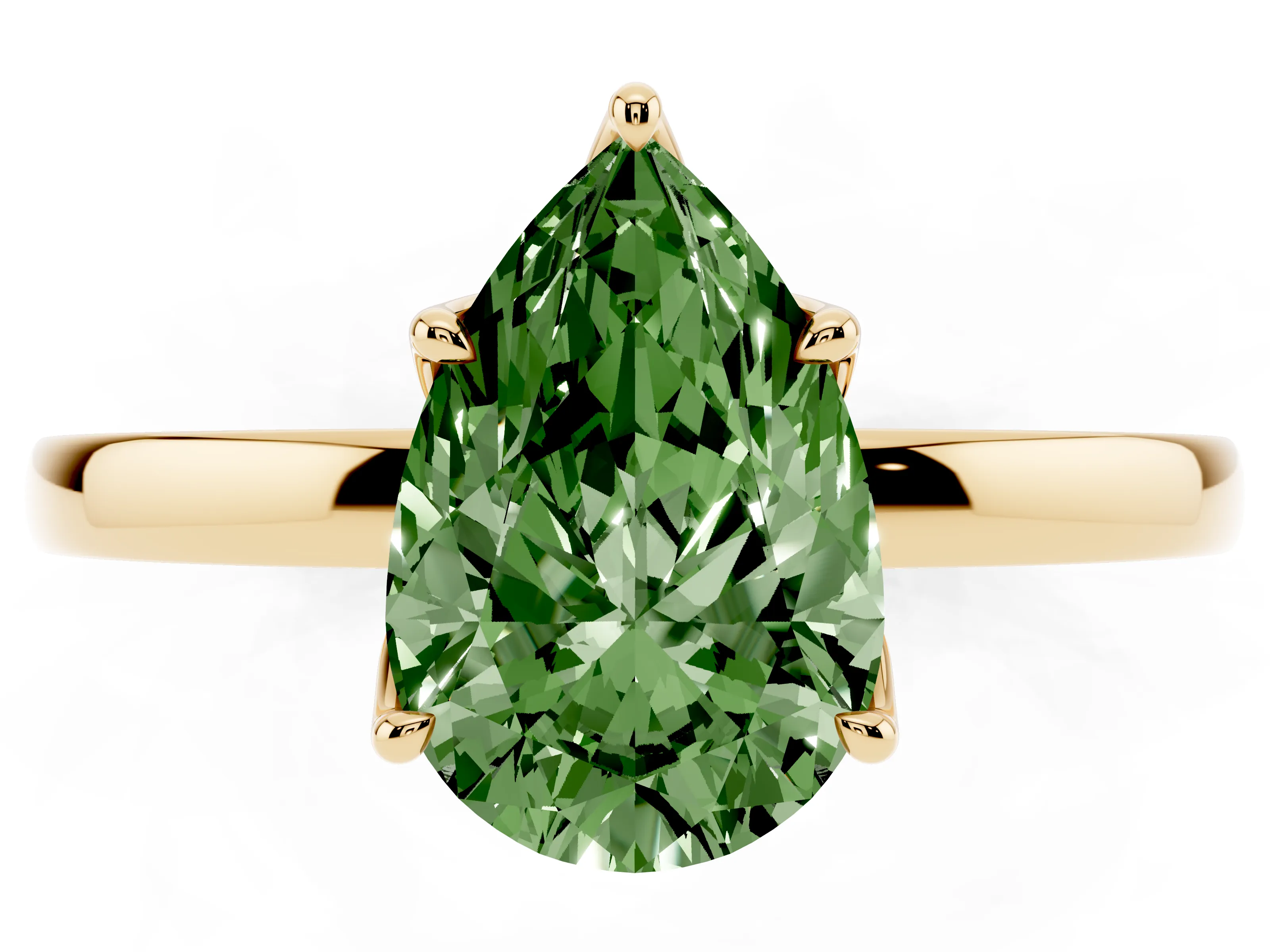 Fancy Green Pear Cut Diamond Solitaire Ring Set in Yellow gold with Prong Setting and Thin Polished Band