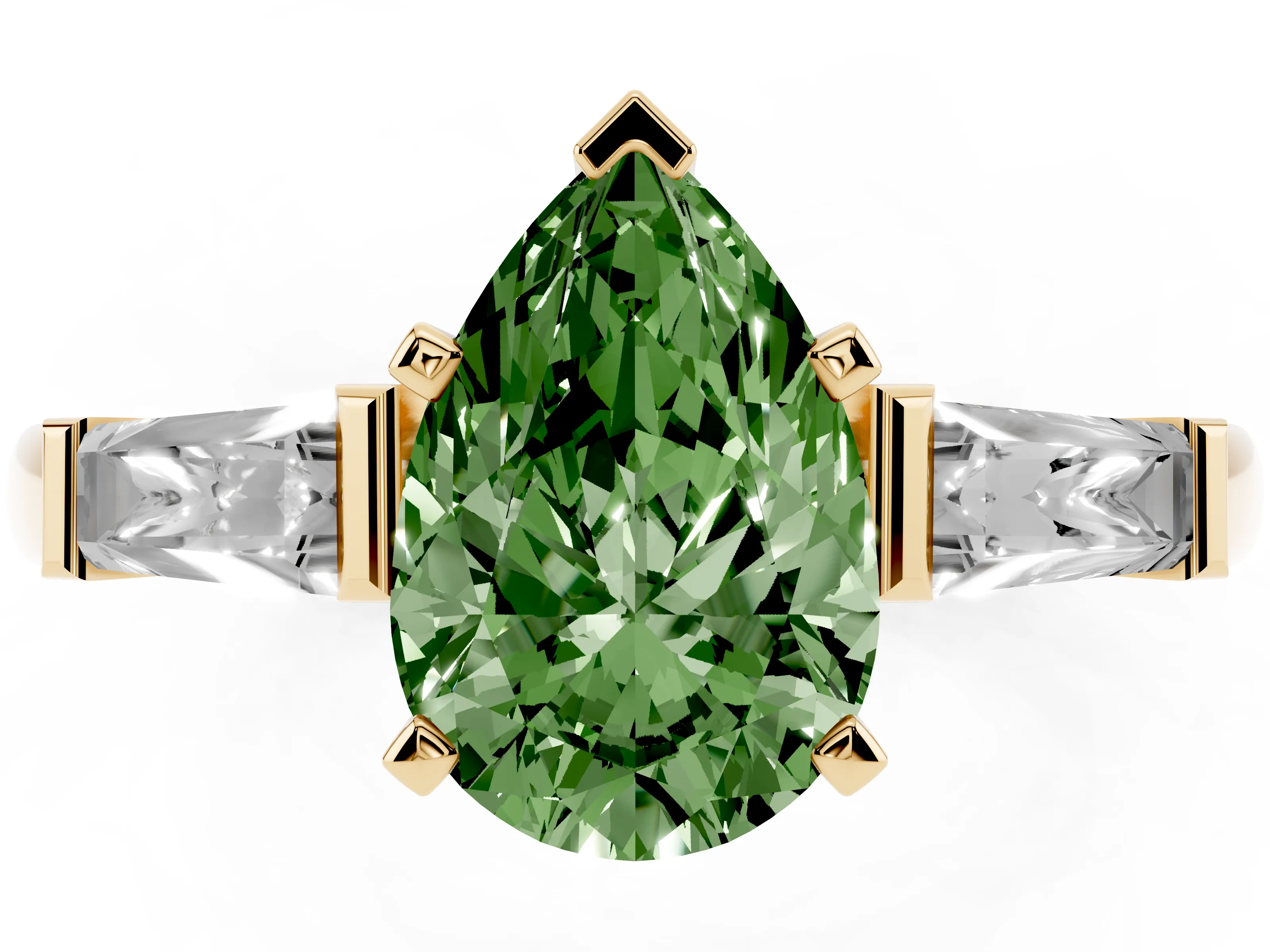 Fancy Green Pear Cut Diamond Solitaire Ring Set in Yellow gold with Tapered Baguette Side Stones and Prong Setting