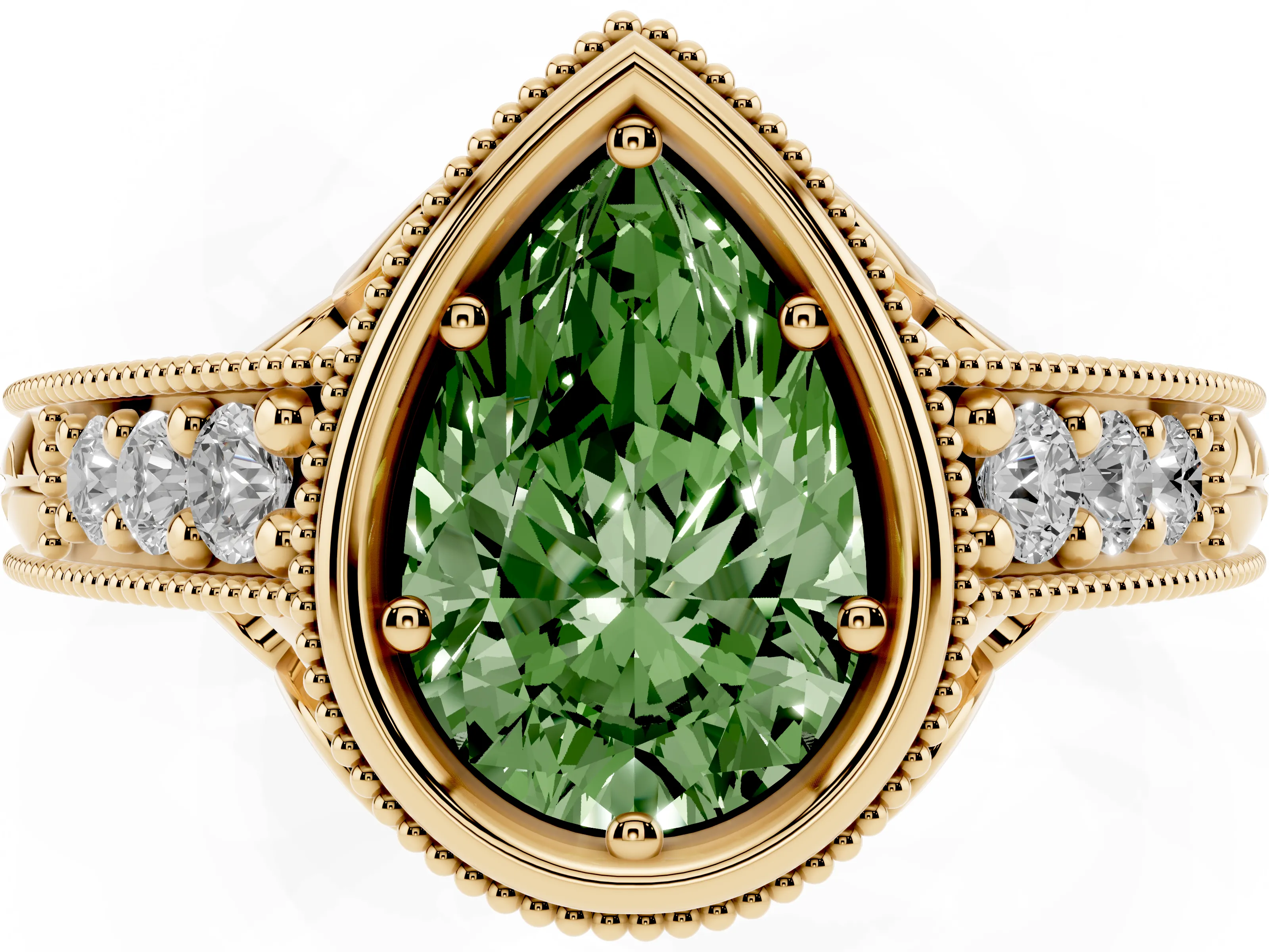 Fancy Green Bezel Set Pear Cut Diamond Milgrain Pavé Engagement Ring Set in Yellow gold