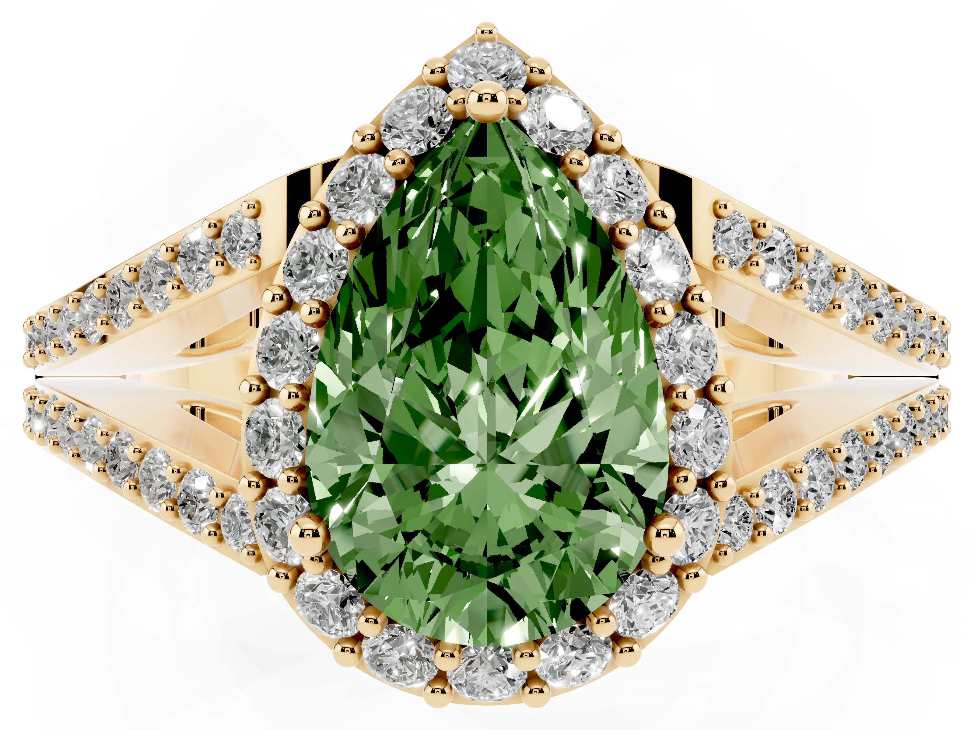 Fancy Green Pear Cut Diamond Halo Split Shank Pavé Ring Set in Yellow gold with Prong Setting