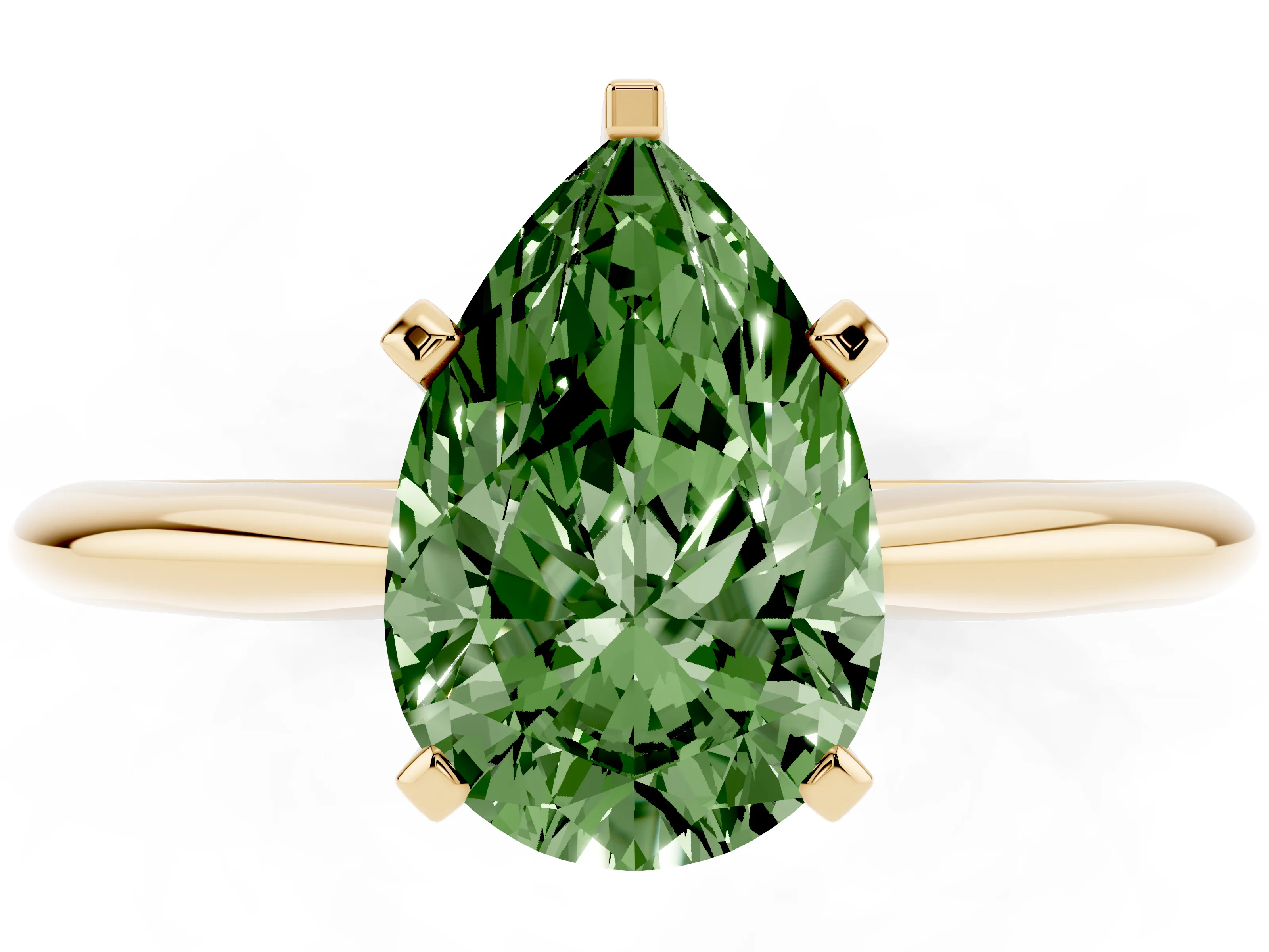 Fancy Green Pear Cut Diamond Solitaire Ring Set in Yellow gold with Prong Setting on a Plain Round Band